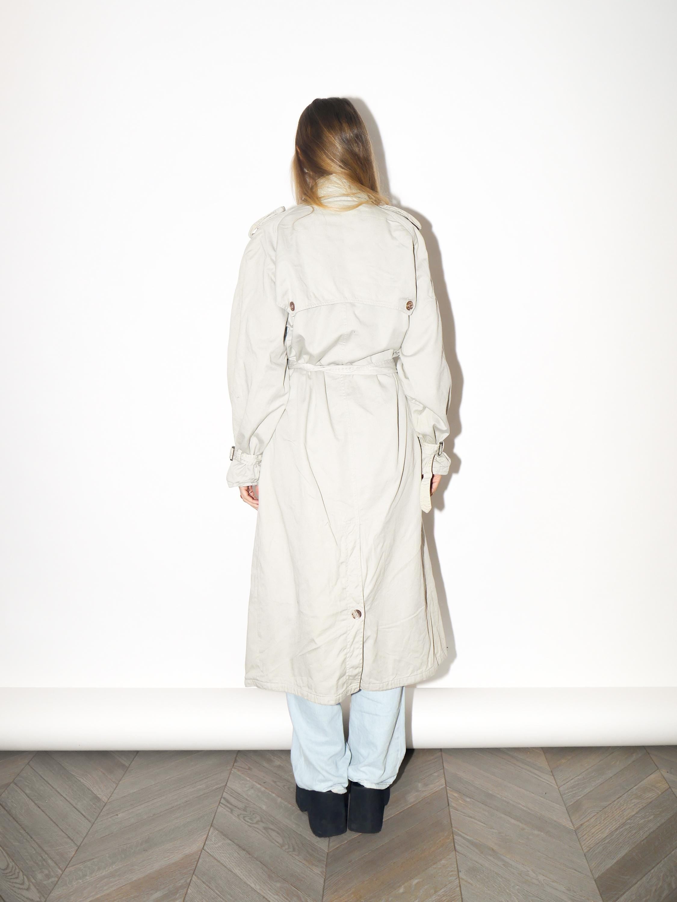 VINTAGE Beige Cotton Maxi Trench Coat With Belt And Printed Lining From The 1980s
