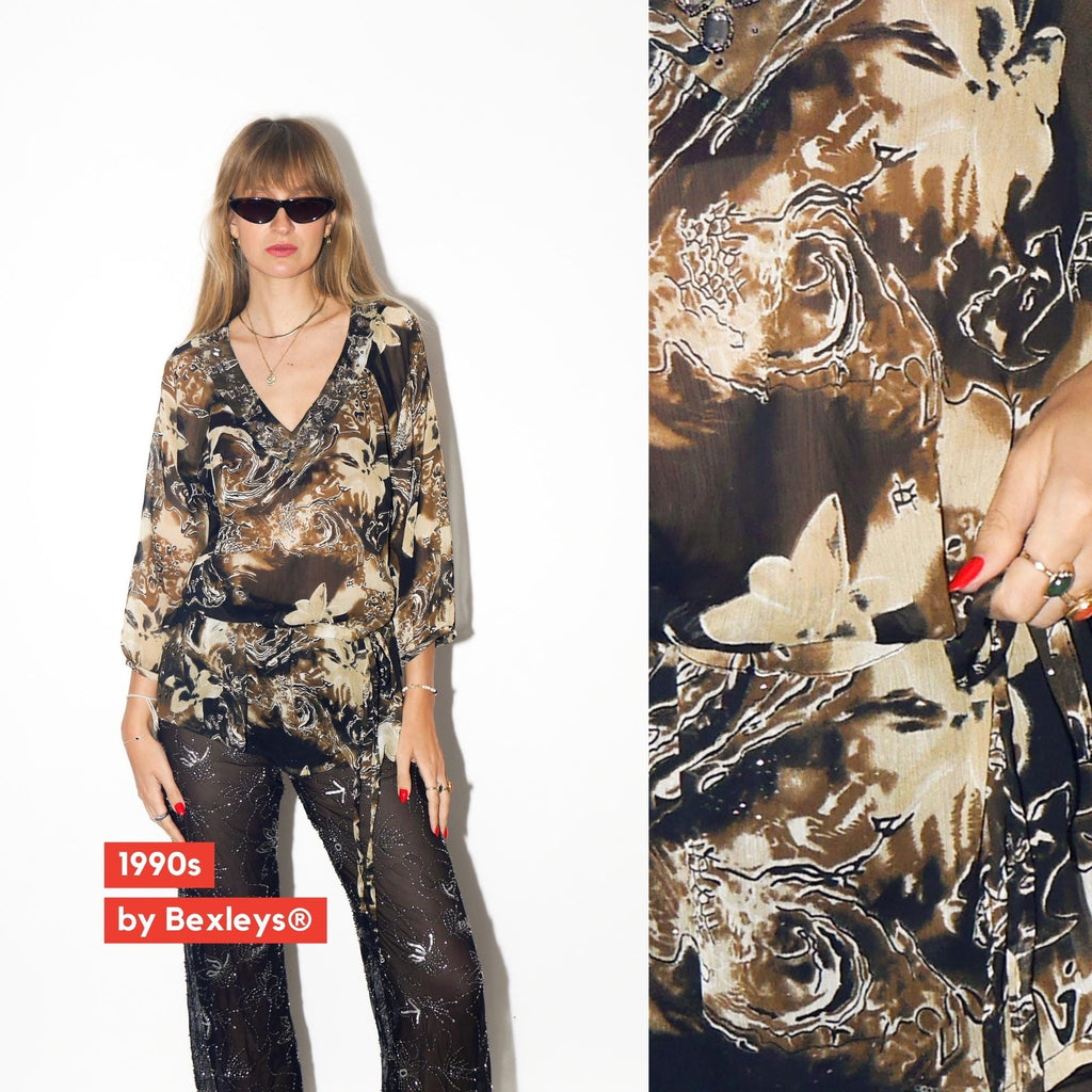 VINTAGE Brown And Beige Semi‑Sheer Floral Blouse From The 1990s