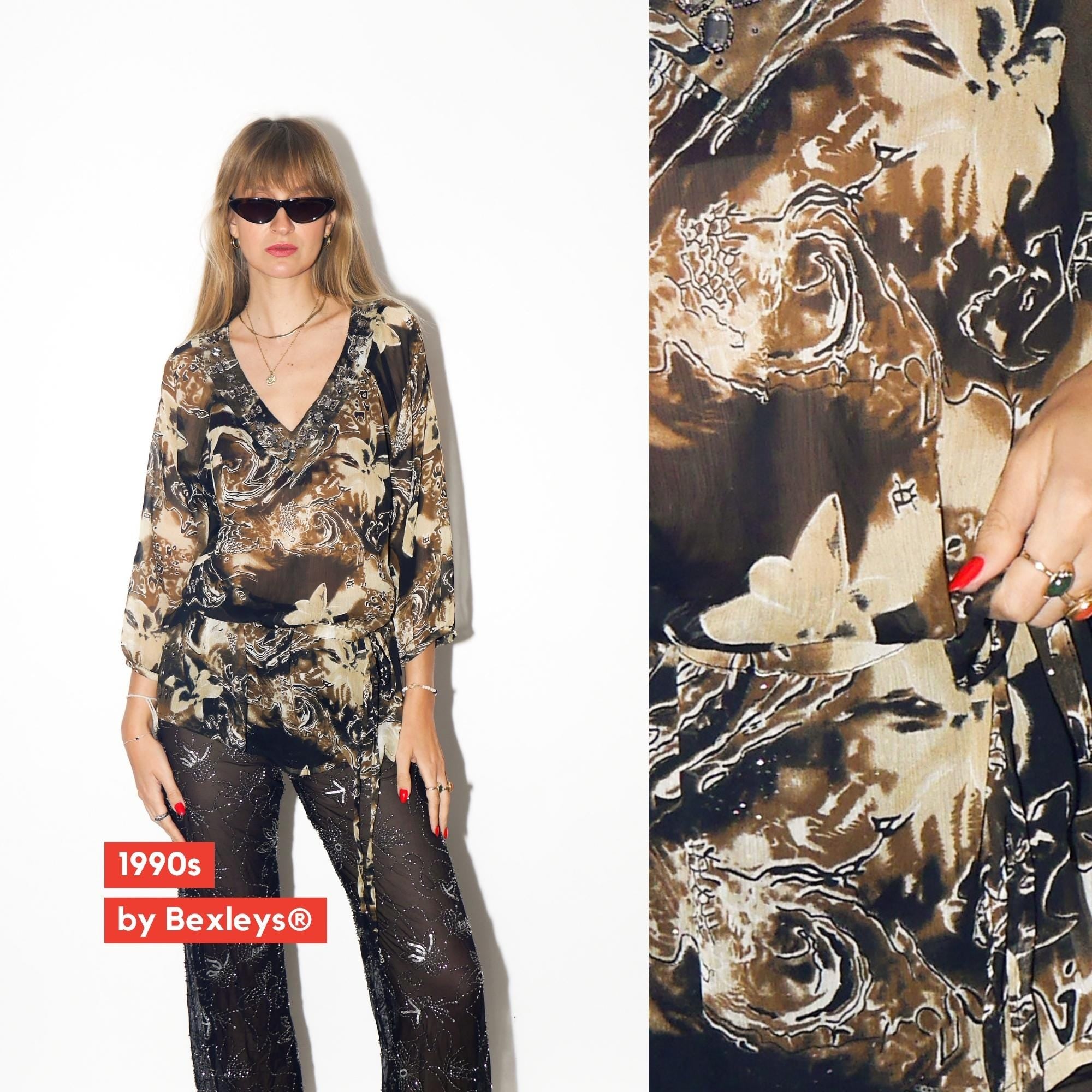 VINTAGE Brown And Beige Semi‑Sheer Floral Blouse From The 1990s