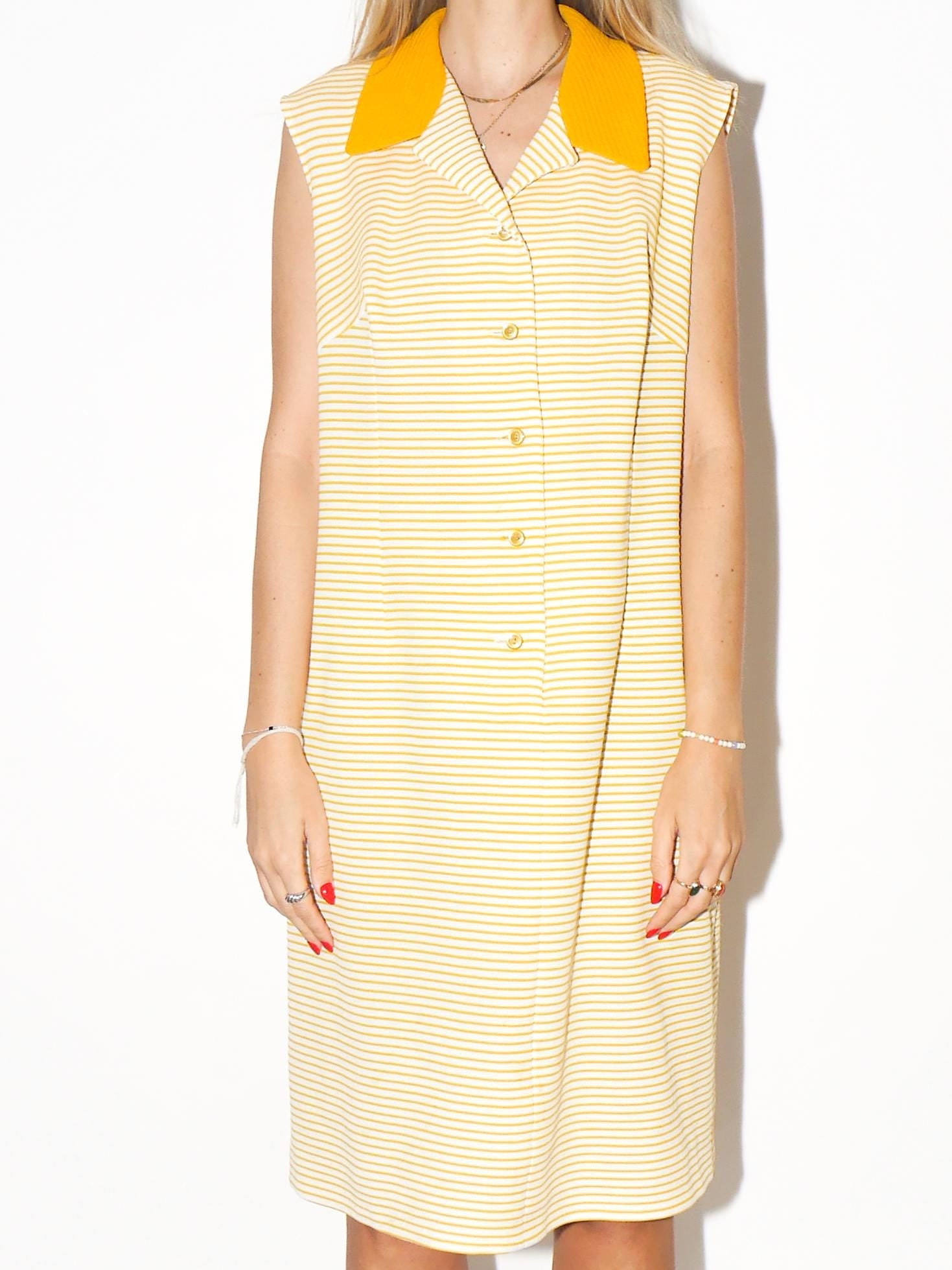 VINTAGE Yellow And White Stripe Sleeveless Midi Dress With Stretch Fabric From The 1970s