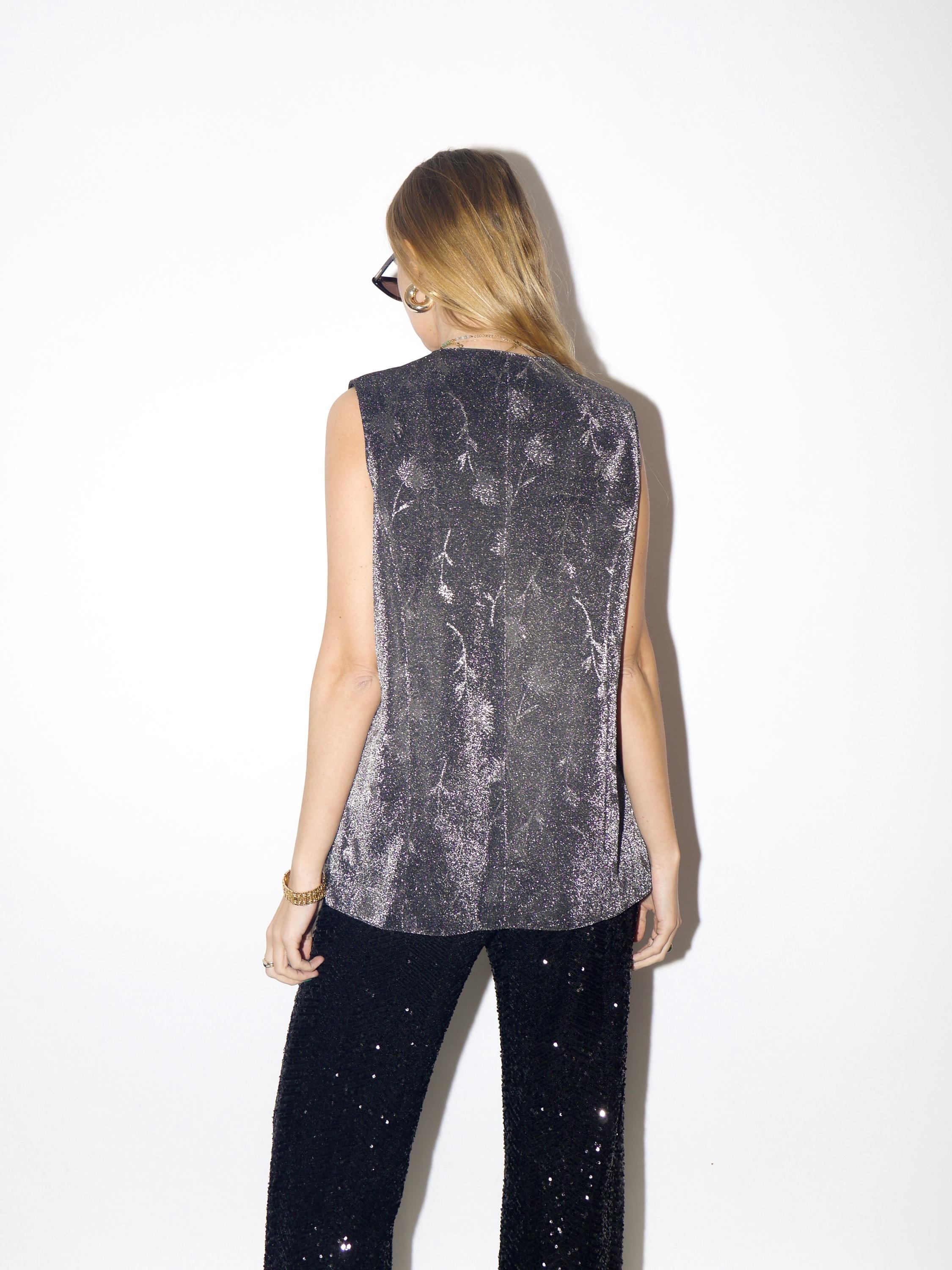 VINTAGE silver vest from the 1980s | metallic vest with glittery floral pattern