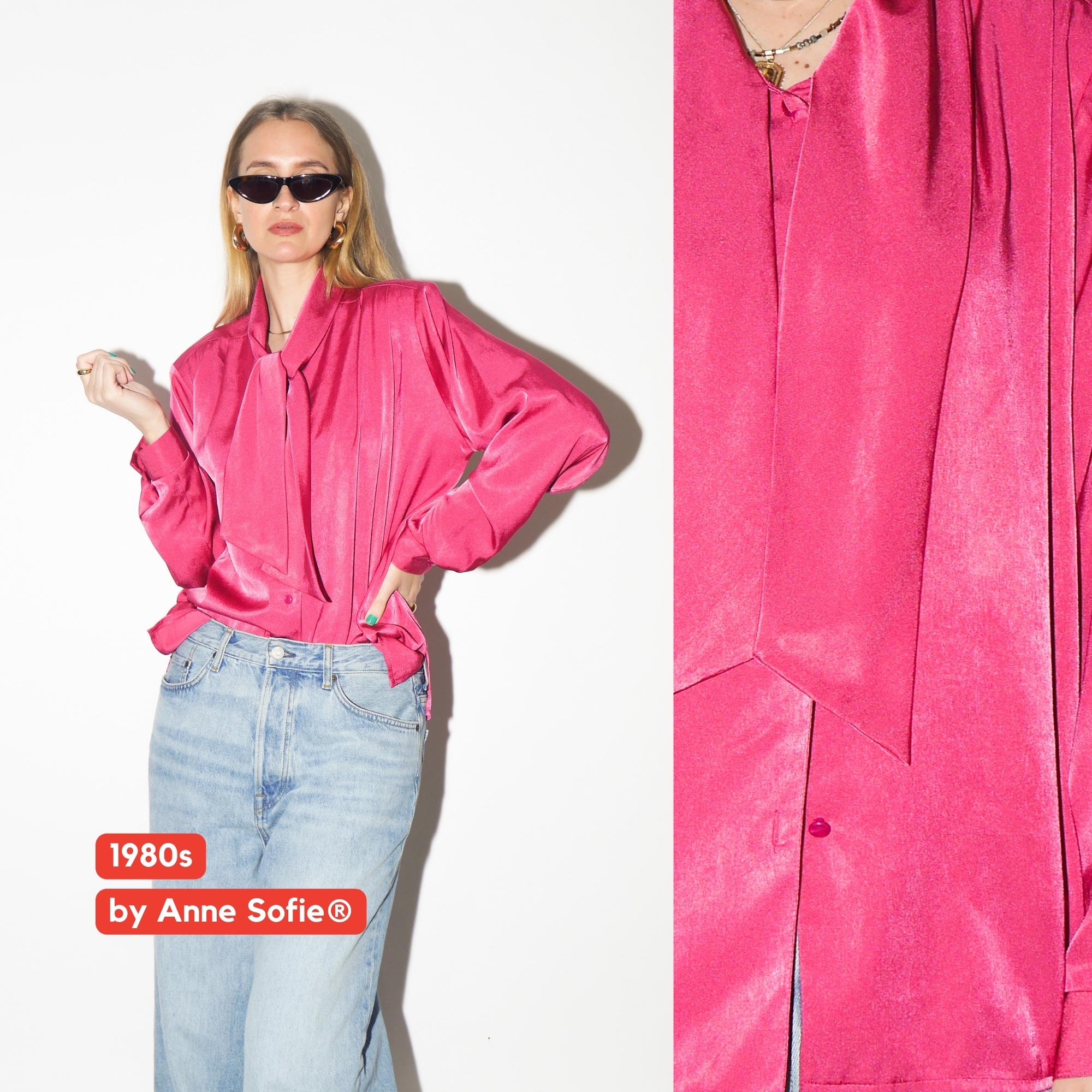 VINTAGE Pink Blouse from 1980s | Deep Pink Shiny Oversize Shirt by Anne Sofie®