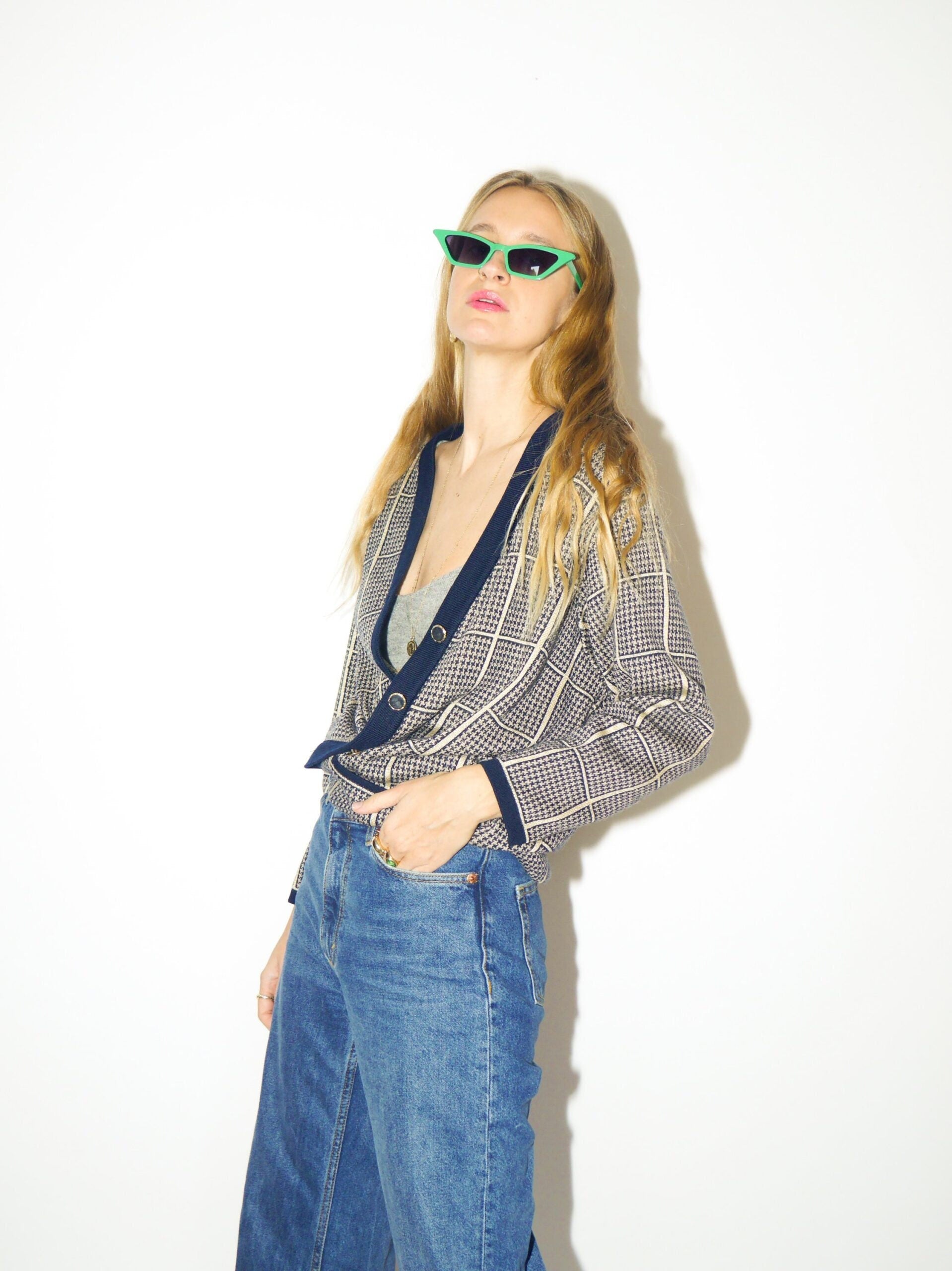 VINTAGE wool and viscose vintage cardigan 80s | navy and gold checkered cardigan from 80s | oversize fits sizes from XS to XL