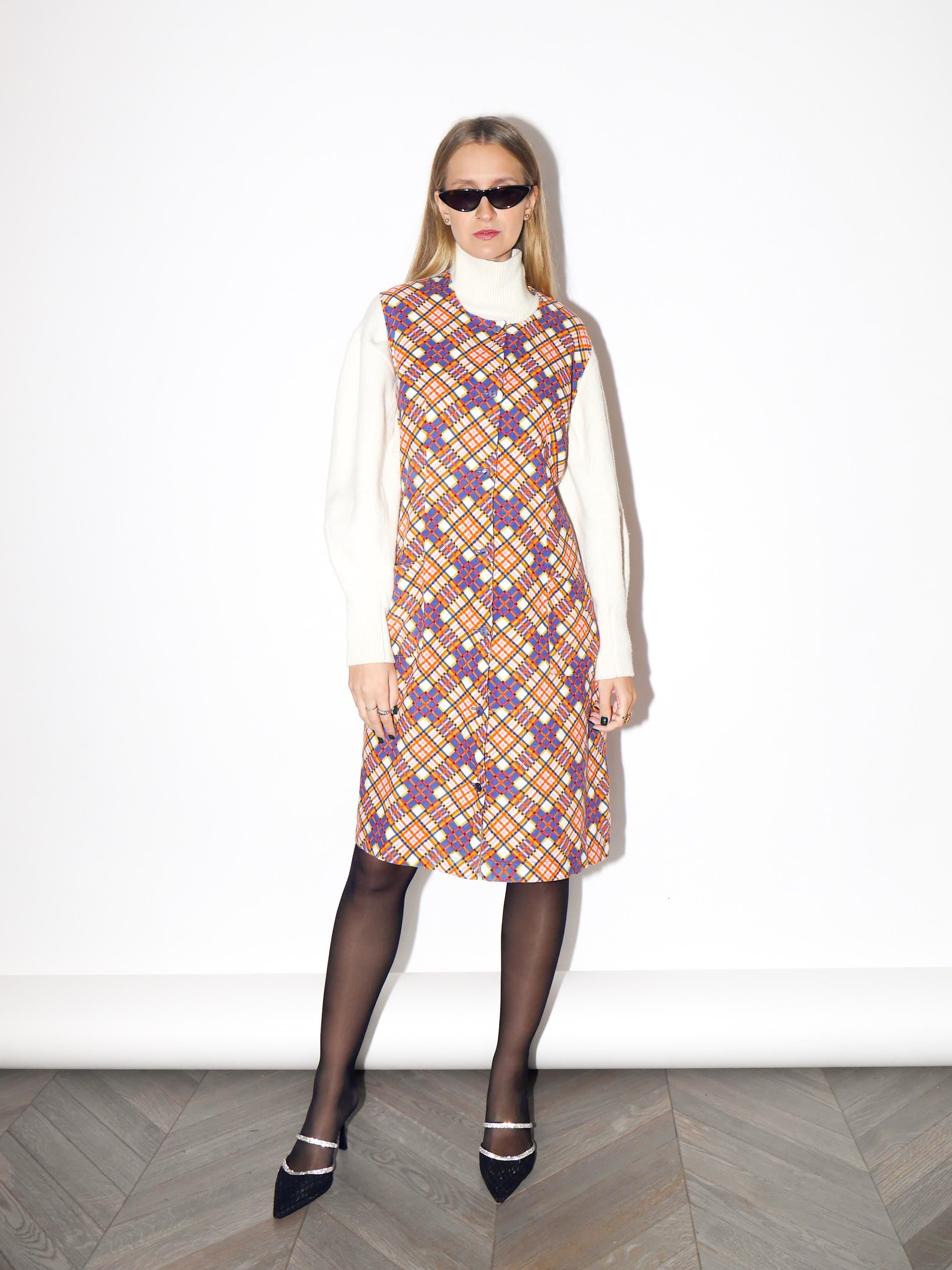 VINTAGE Orange And Beige Checked Cotton Sleeveless Dress From The 1980s By Miloty