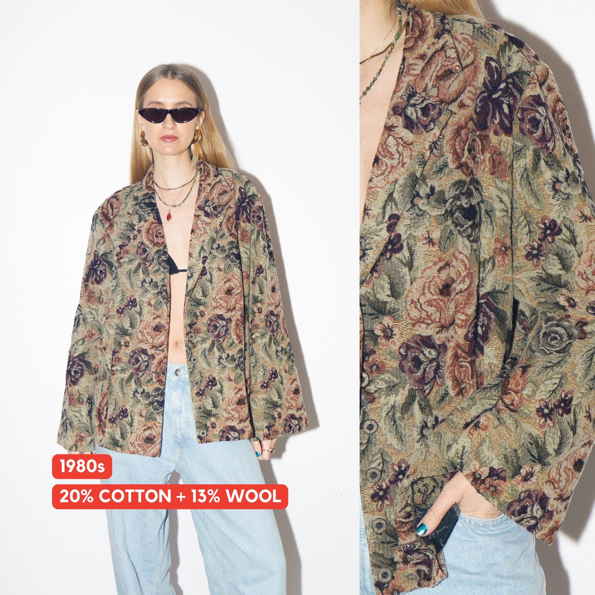 VINTAGE floral jacquard blazer from 1980s made of beige and pink cotton and wool