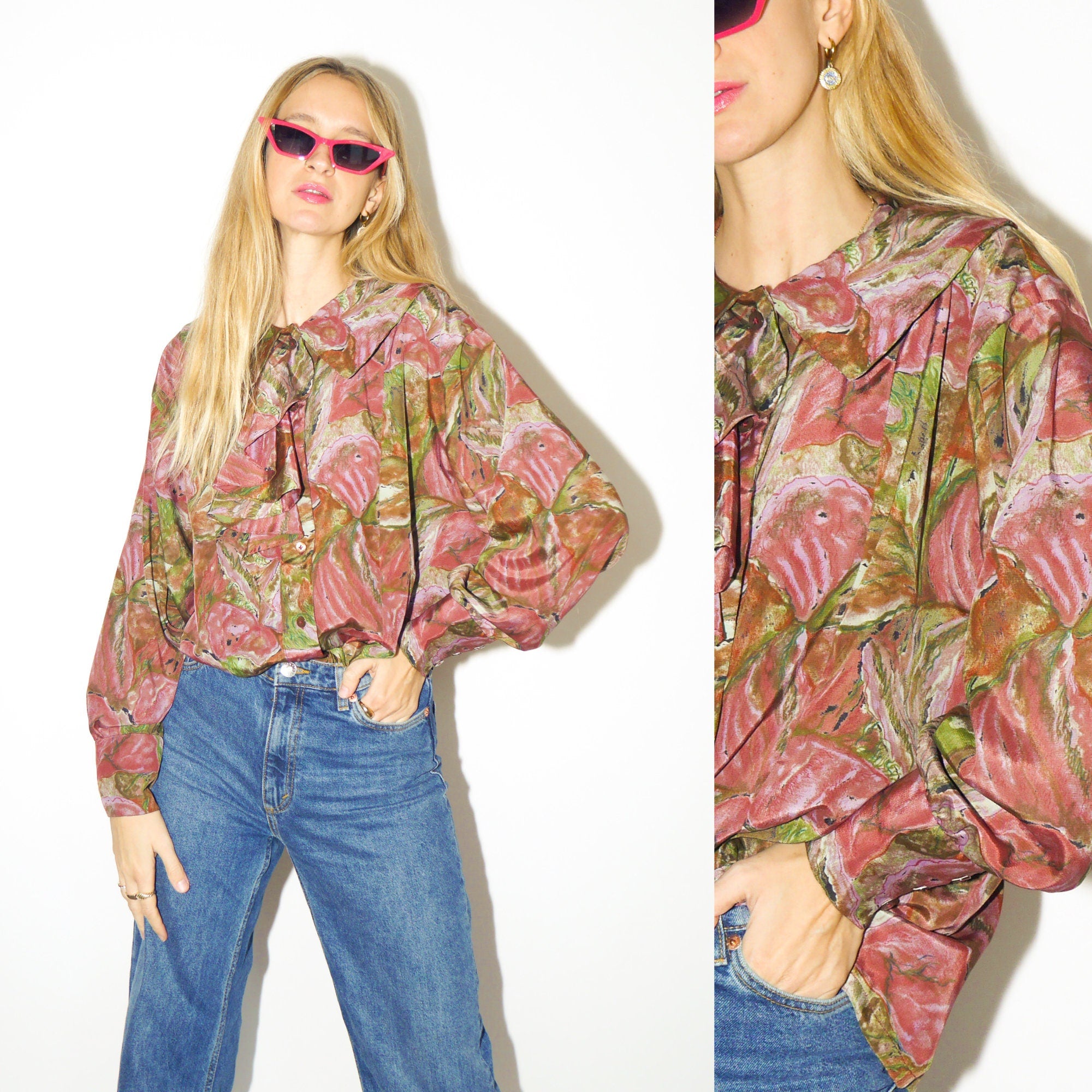 VINTAGE blouse 80s in floral pattern | pink and green shirt | retro shirt | 80s shirt | oversize fit from XS to XL