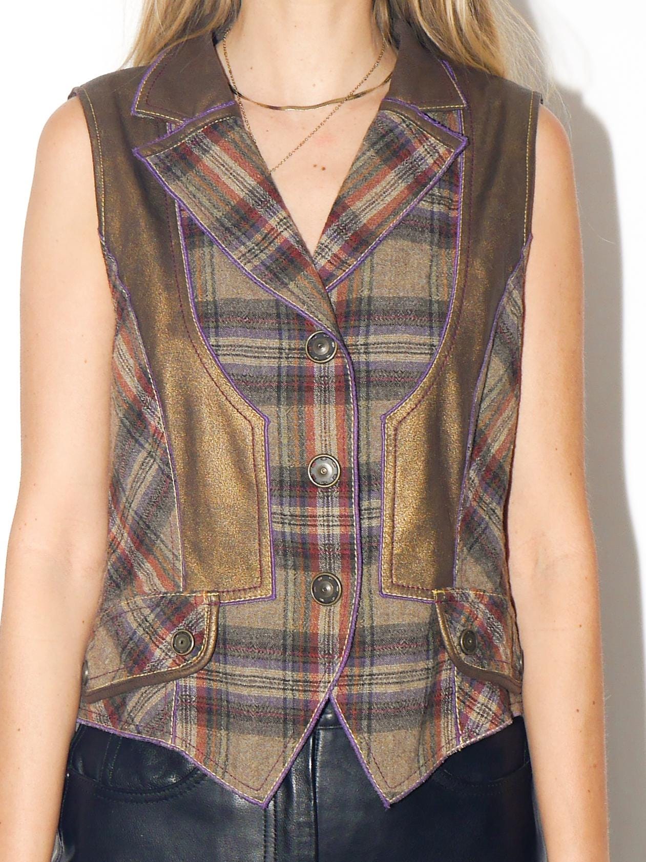 VINTAGE Golden Checked Wool Blend Vest With Metallic Patches From The 1980s By Sportalm