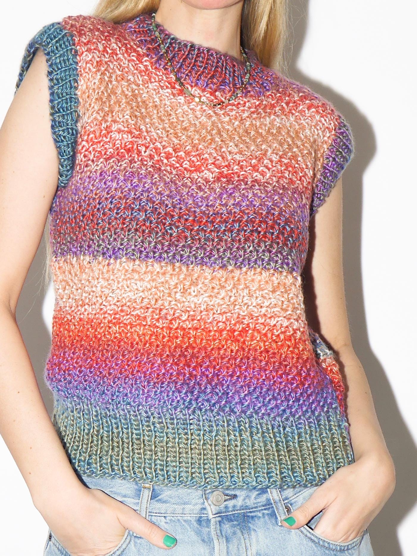 VINTAGE Rainbow Hand Knitted Vest from 1980s