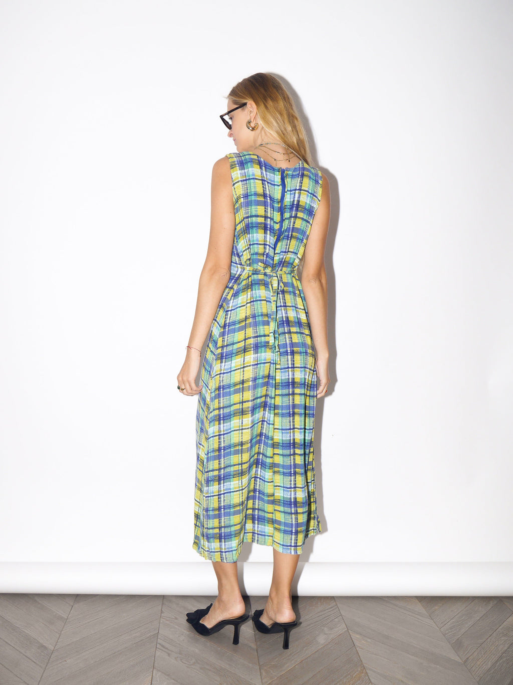 VINTAGE yellow/blue/green checkered dress made from structured elastic material by Blu the blu® from 1980s | retro long dress with back zip