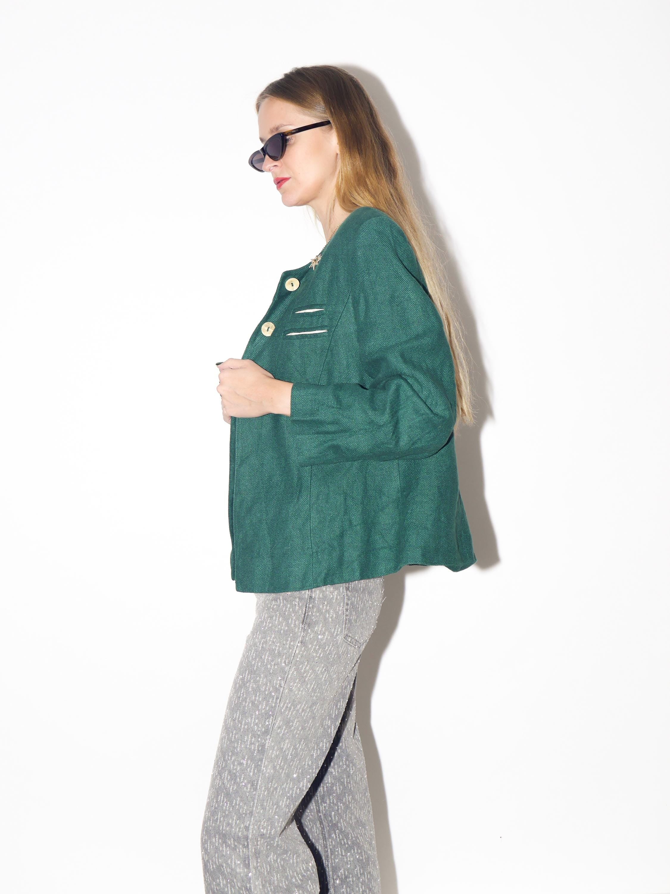 VINTAGE Bottle Green Austrian Folk Linen Blazer From The 1980s