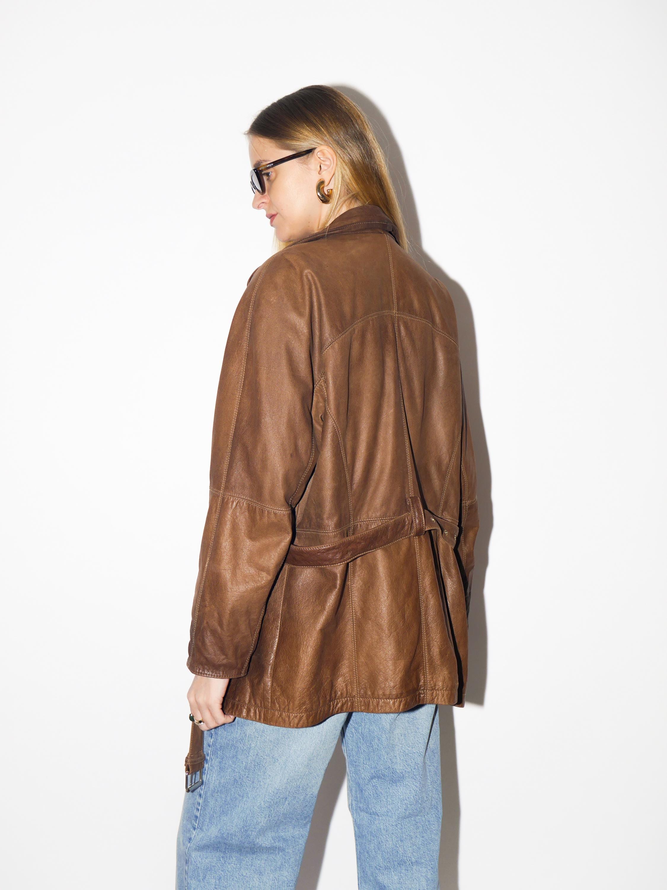VINTAGE brown leather jacket from 1980s | soft leather bronze jacket with belt