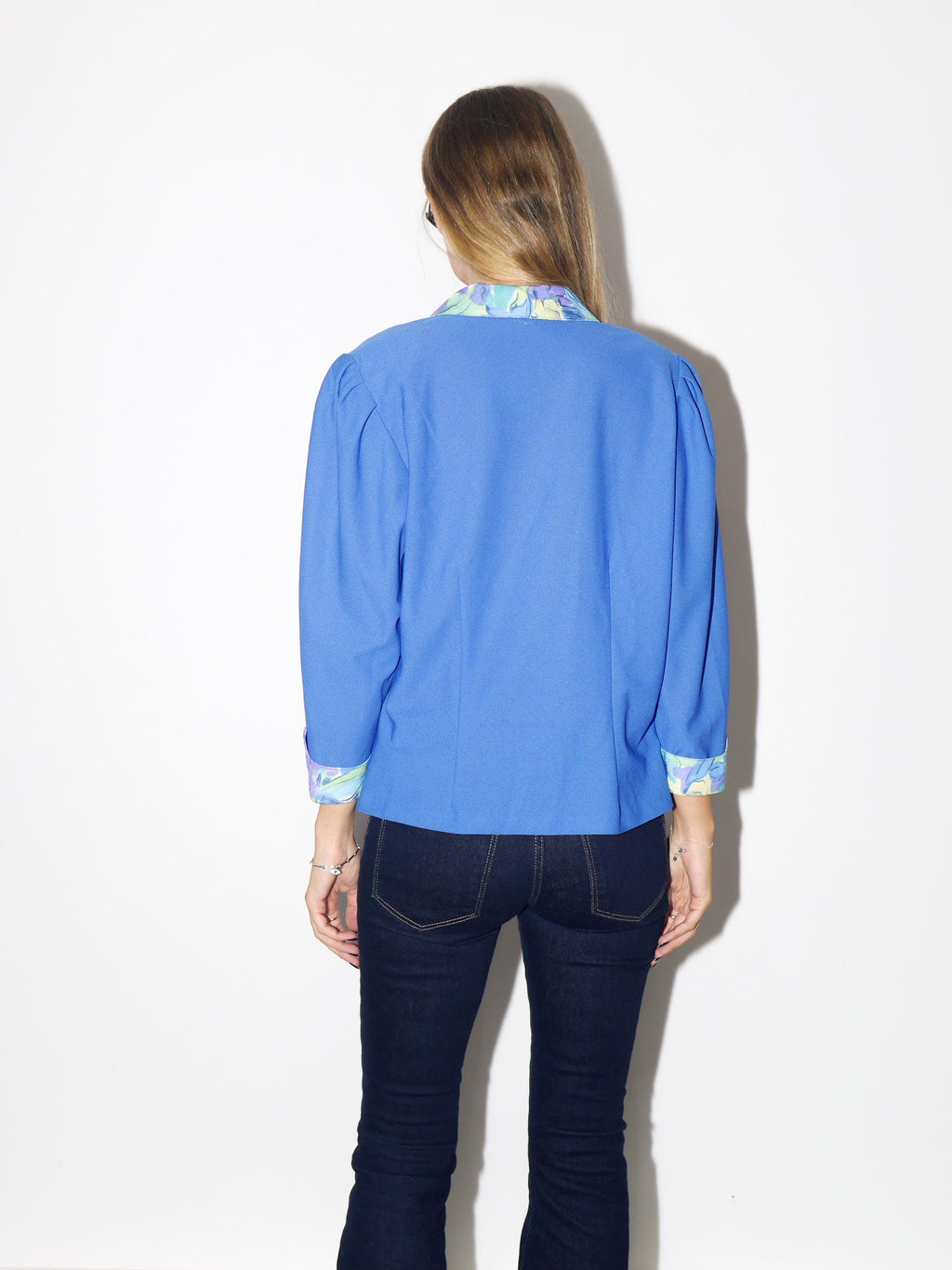VINTAGE Electric Blue Blouse With Floral Cuffs And Collar And Edgy Sleeves From The 1980s