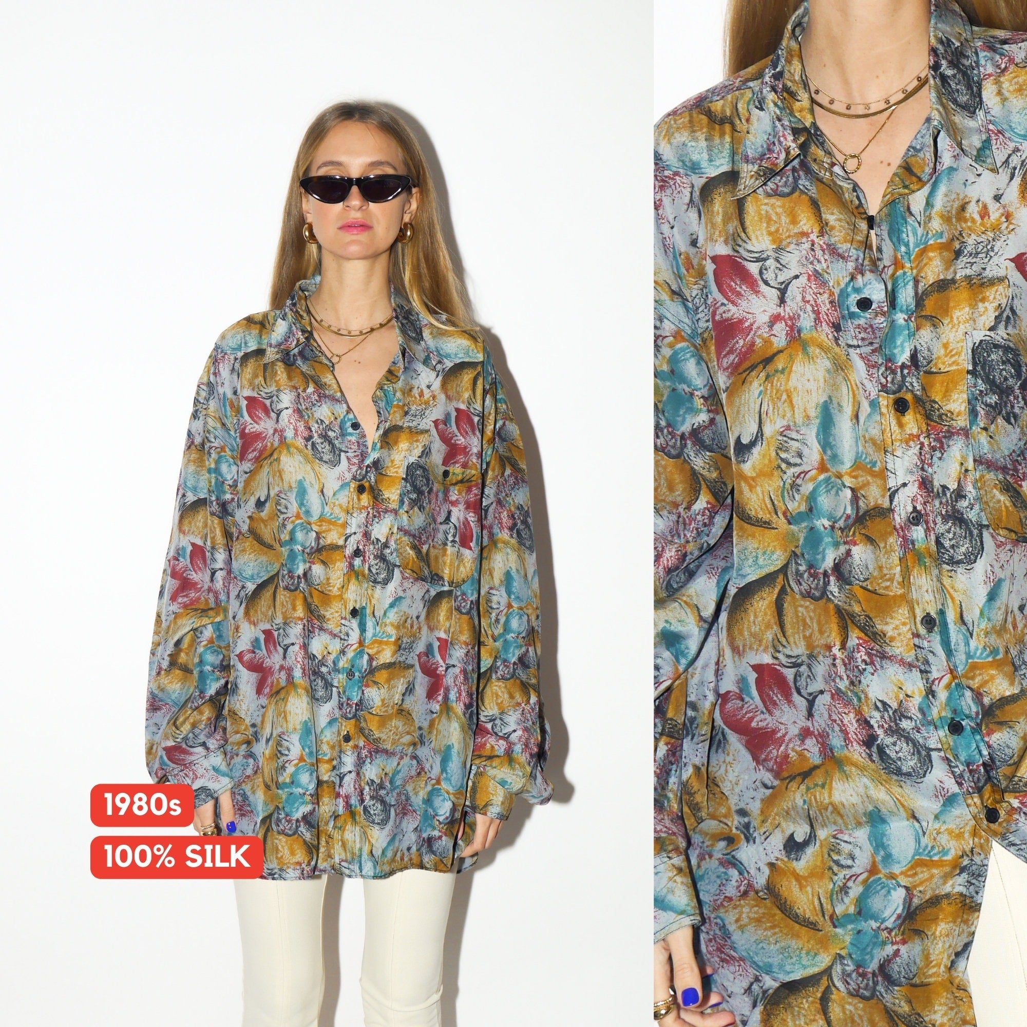 VINTAGE Silk shirt 1980s | 100% Silk shirt | Arpino vintage shirt | colorful shirt | retro oversize shirt | abstract pattern | vintage Silk