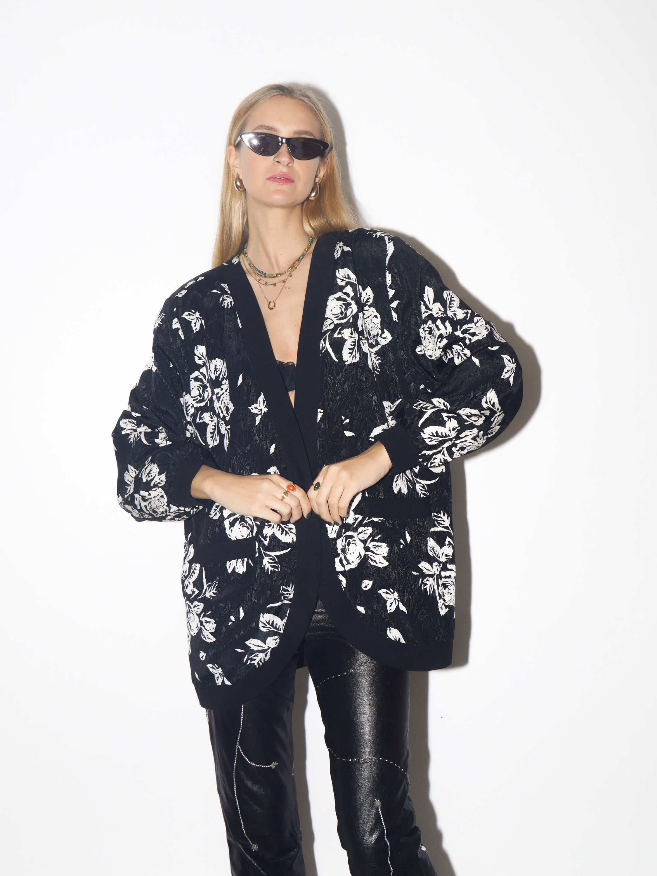 VINAGE black silky blazer from 1980s in shiny white floral pattern by Chris B®