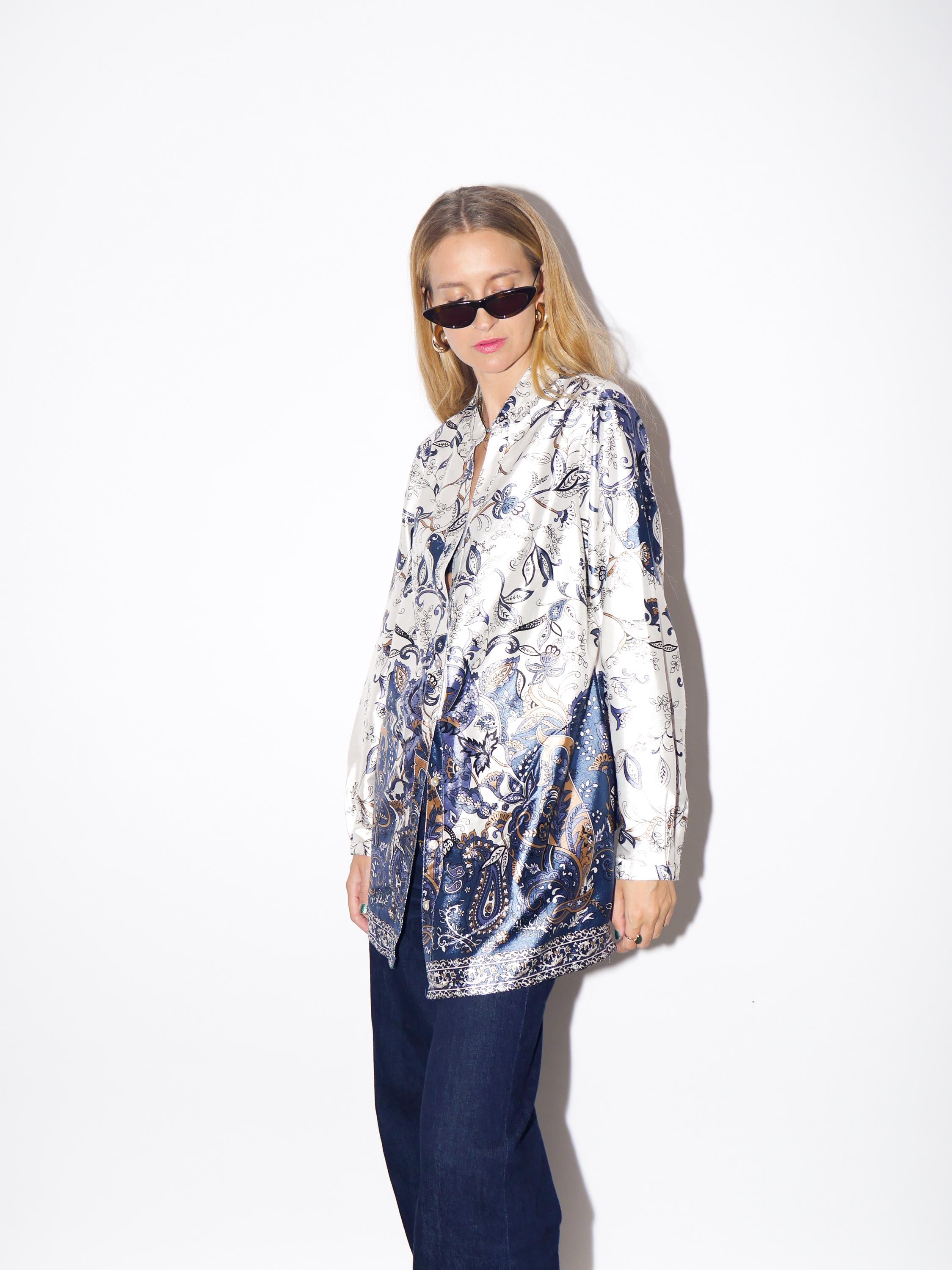 1980s Retro Patterned Pyjama Shirt - Vintage Long Sleeved Shiny Shirt, Oversize Fit Pajamacore Shirt, Retro Fashion Clothing for Women