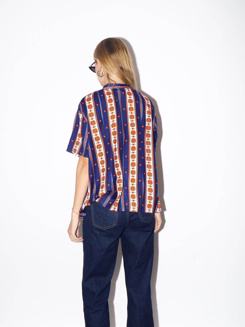 1970s Striped Blouse - Vintage Navy/Orange/White Vertical Striped Handmade Shirt with Folk Print and Front Bow, Retro Short Sleeve Blouse