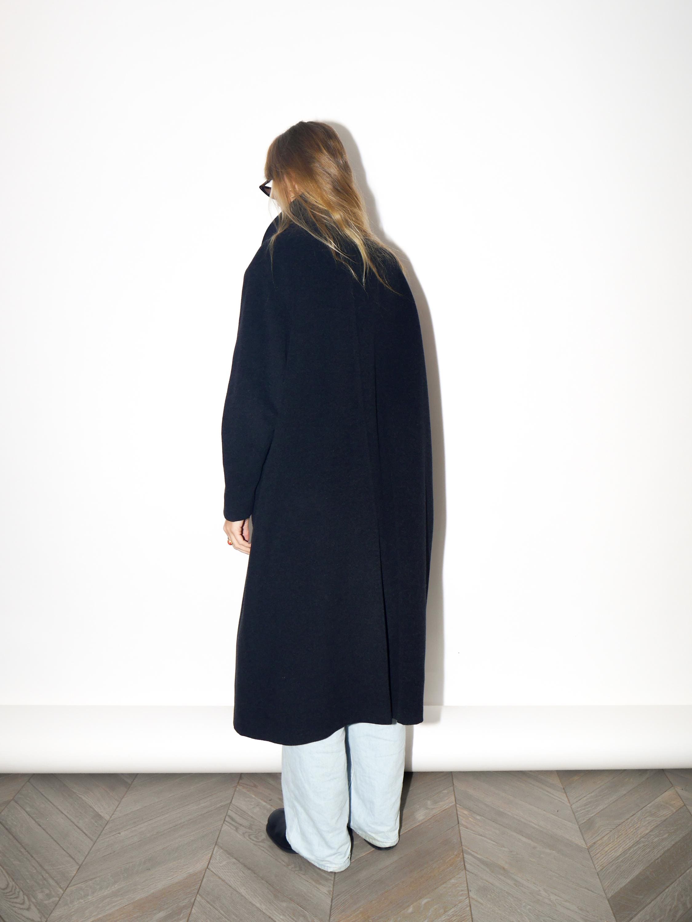 VINTAGE Black Wool And Angora Maxi Coat With Stand Collar From The 1980s By Marco Brunetti