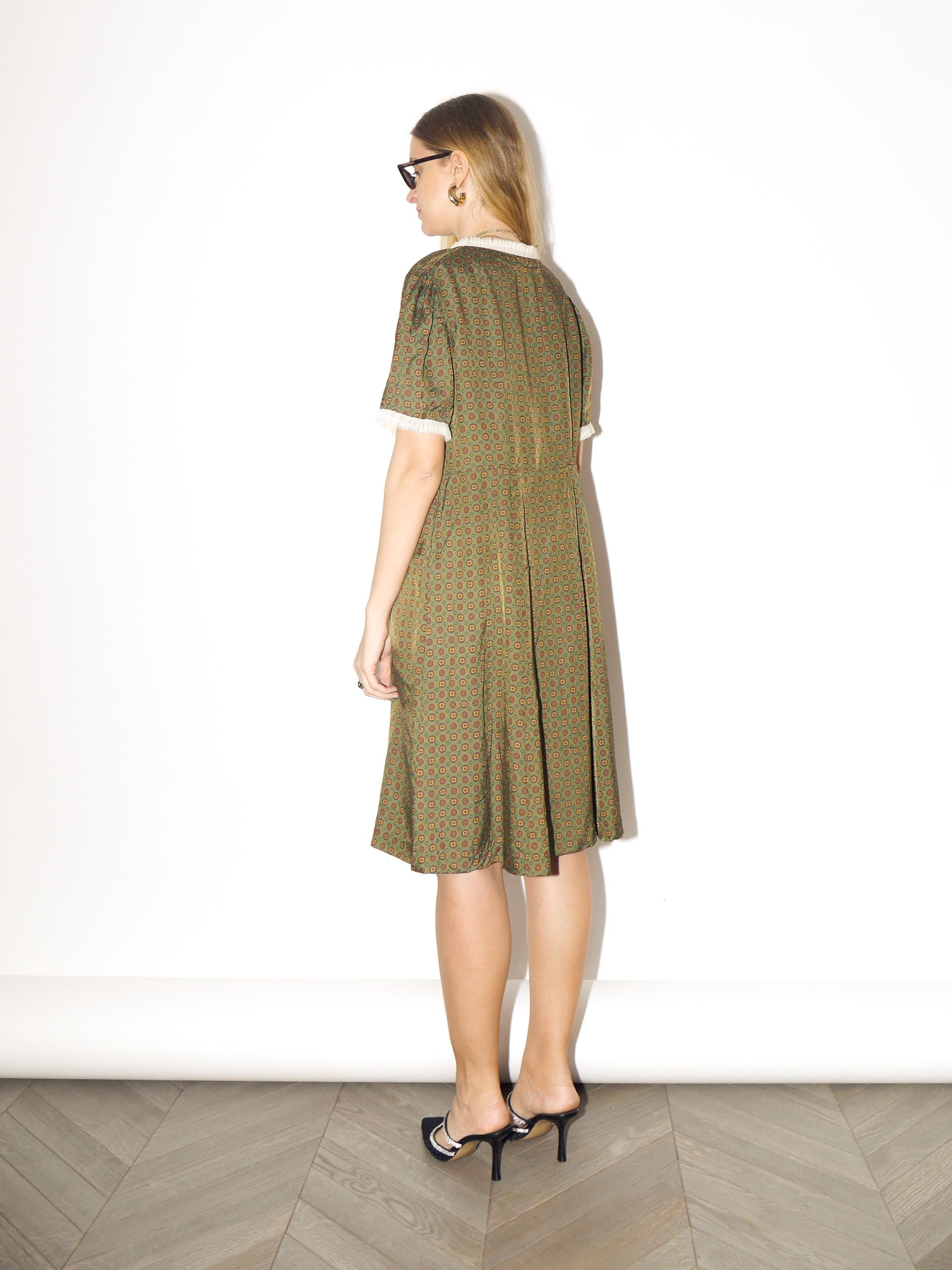 VINTAGE Green Knee-Length Dress from 1970s | Handmade Cream Lace Ruffles Dress