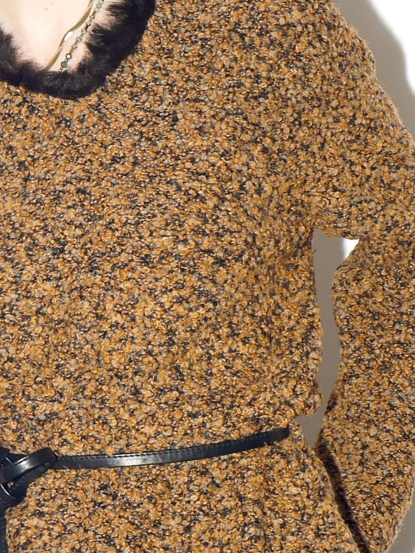 VINTAGE wool bouclé sweater with rabbit fur in deep orange with belt by Taifun®