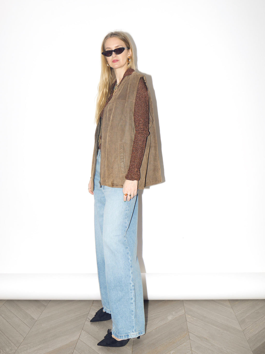 VINTAGE Khaki Suede Vest from 1980s | Big Oversize Beige Leather Vest by Canada®