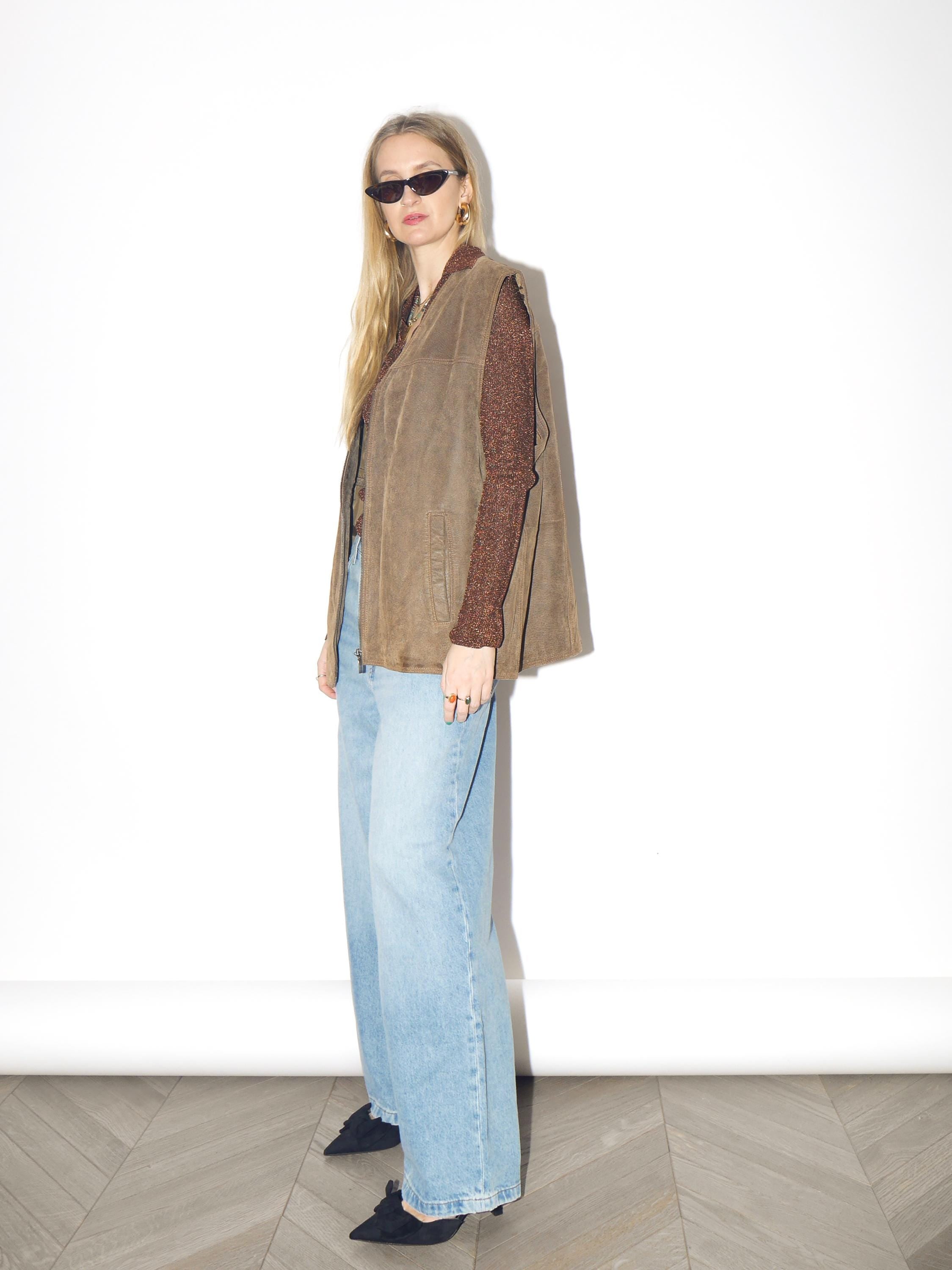 VINTAGE Khaki Suede Vest from 1980s | Big Oversize Beige Leather Vest by Canada®