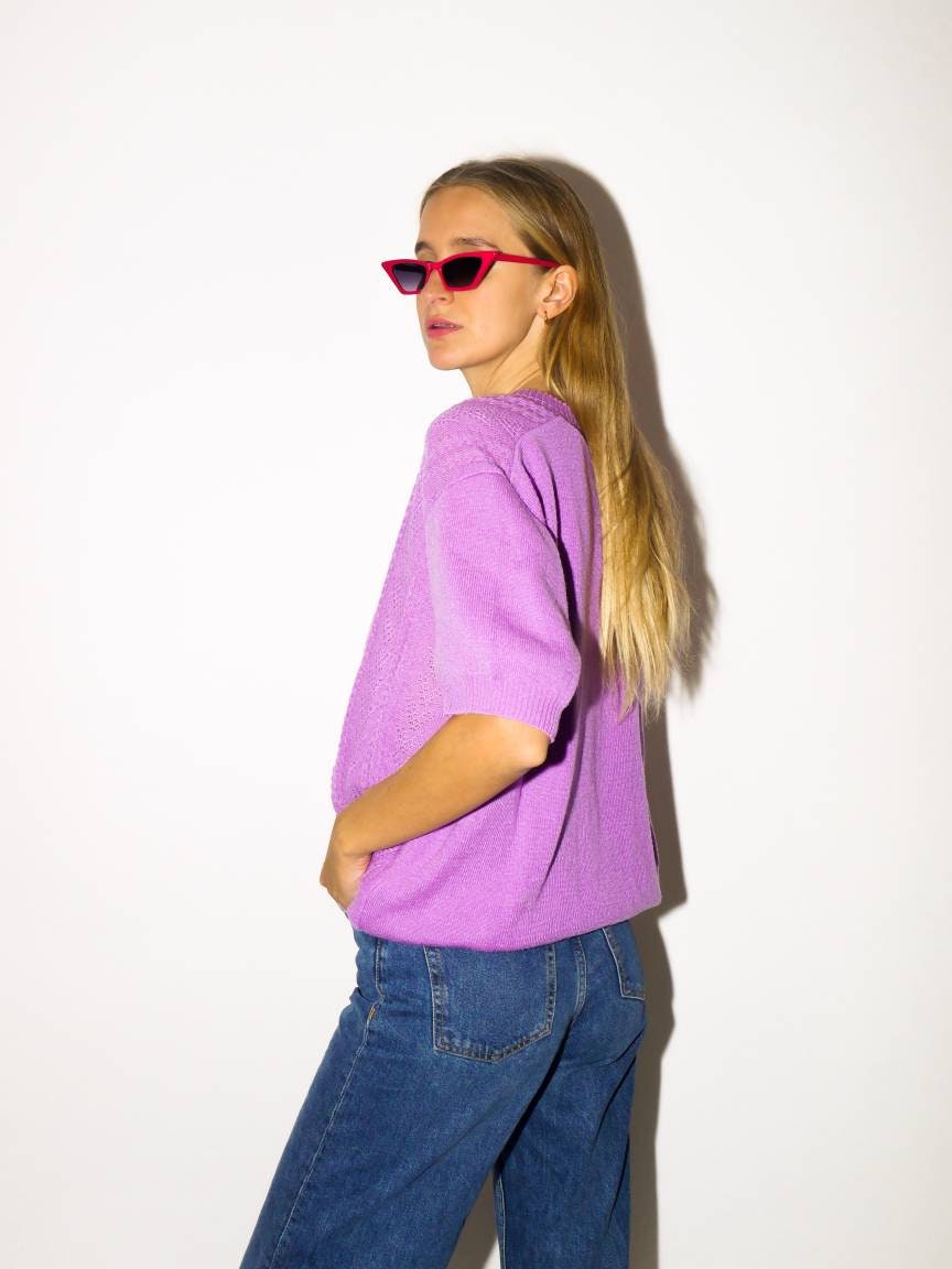 VINTAGE sweater from 1980s with short sleeves | retro lilac, purple sweater | v-neck knitted blouse | oversize | modopol