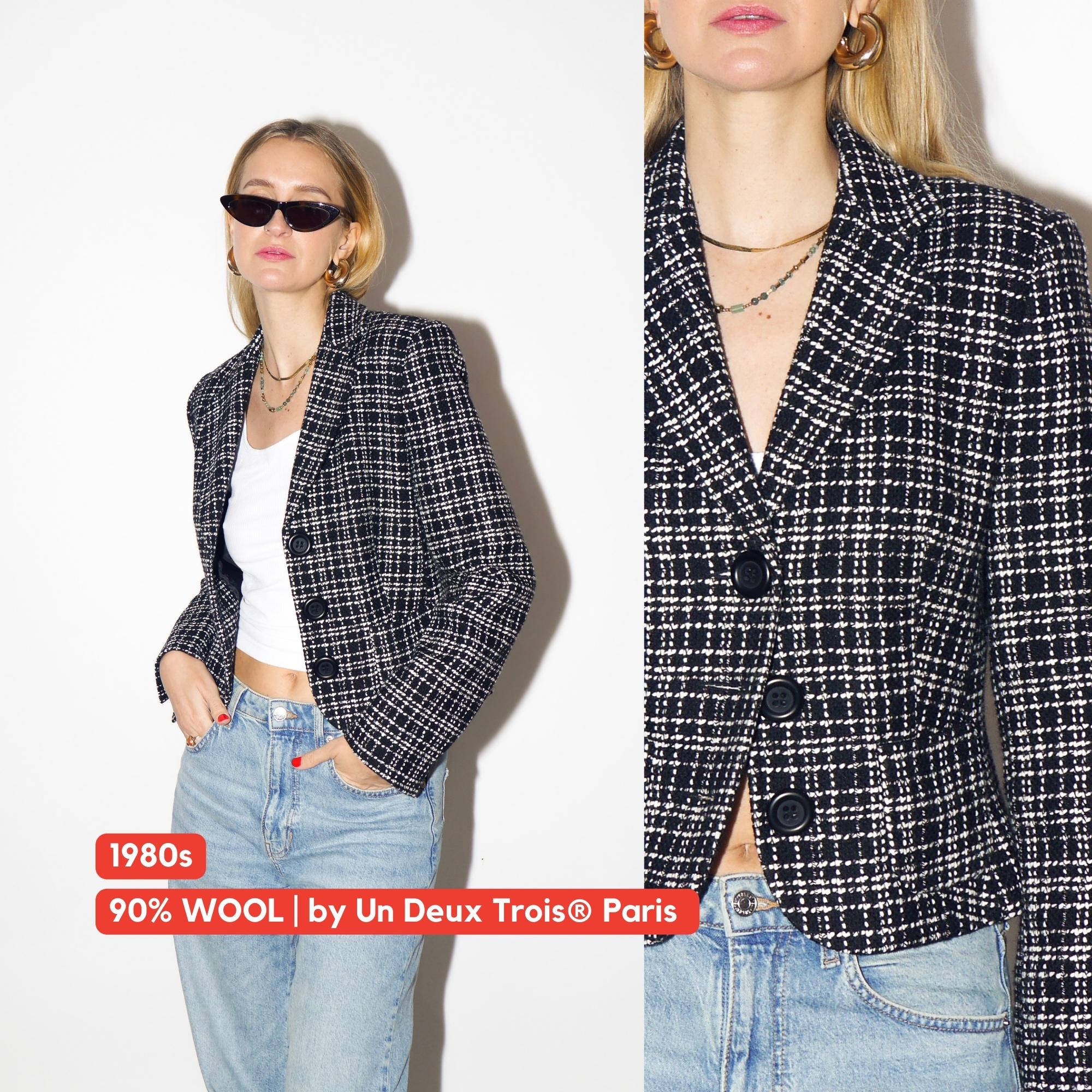 VINTAGE wool blazer, fitted black and white short blazer by Un Deux Trois® Paris