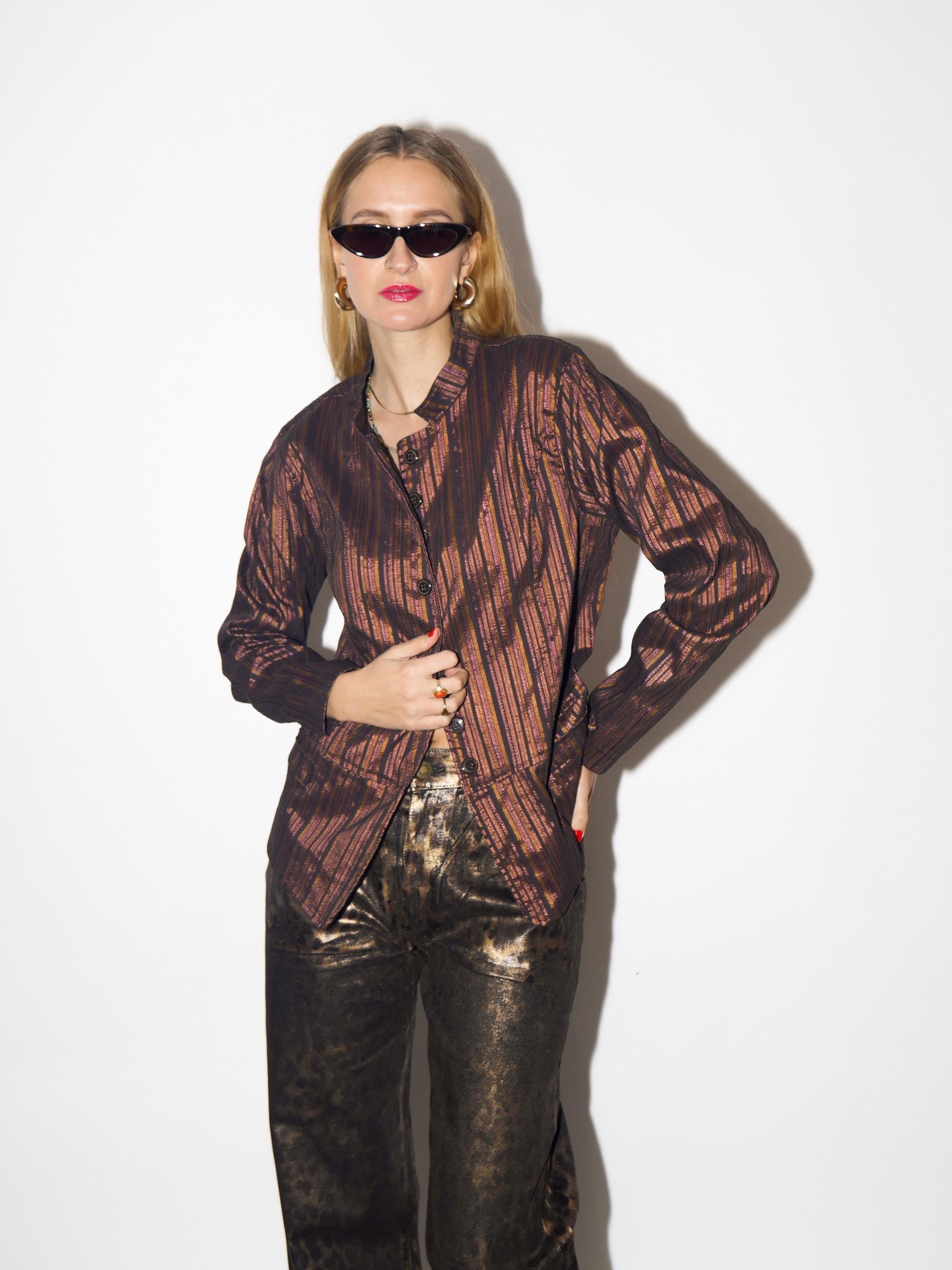 VINTAGE blazer in shiny striped brown cotton fabric from 1980s by JOY®