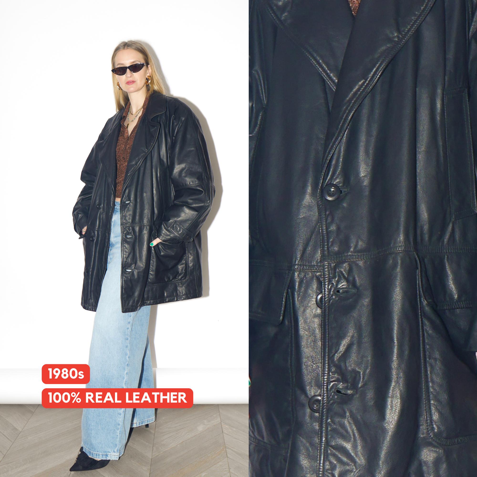 VINTAGE Black Leather Jacket from 1980s | Oversize Insulated Leather Jacket