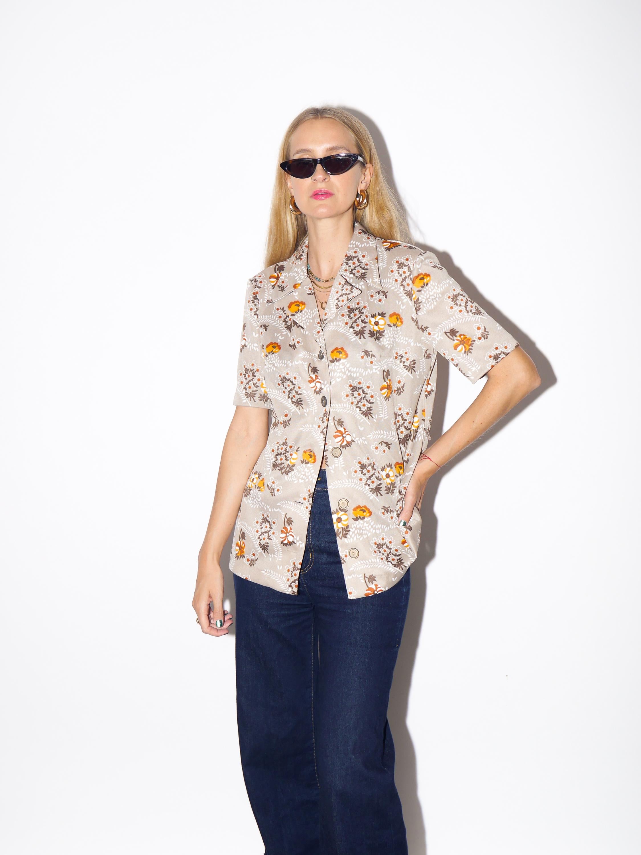 1970s Floral Blouse - Vintage Beige Shirt with Orange Pattern, Short Sleeve Shirt with Belt Loops, Retro Fashion Clothing for Women
