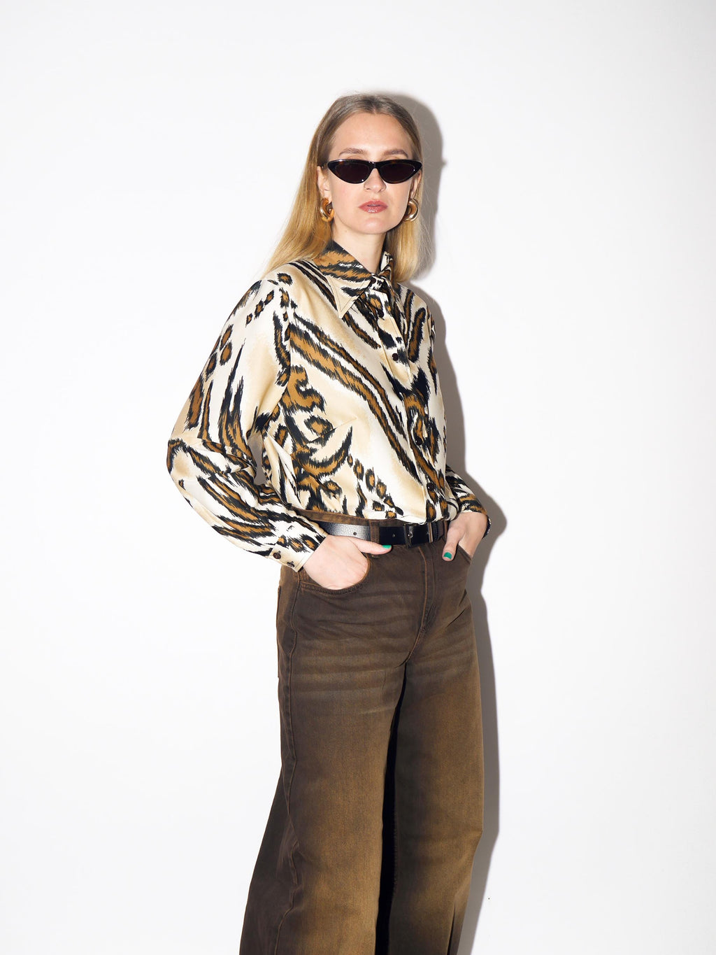 VINTAGE Beige & Brown Animal Print Blouse from 1980s | Vintage Tiger Print Shirt