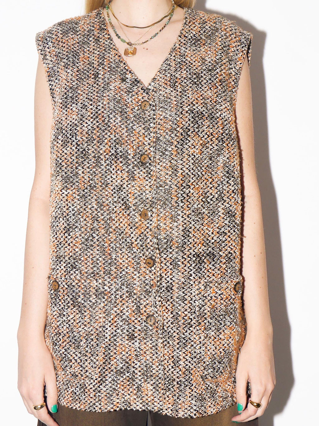 VINTAGE Knitted Boucle Vest from 1980s in Orange and Black with Cotton