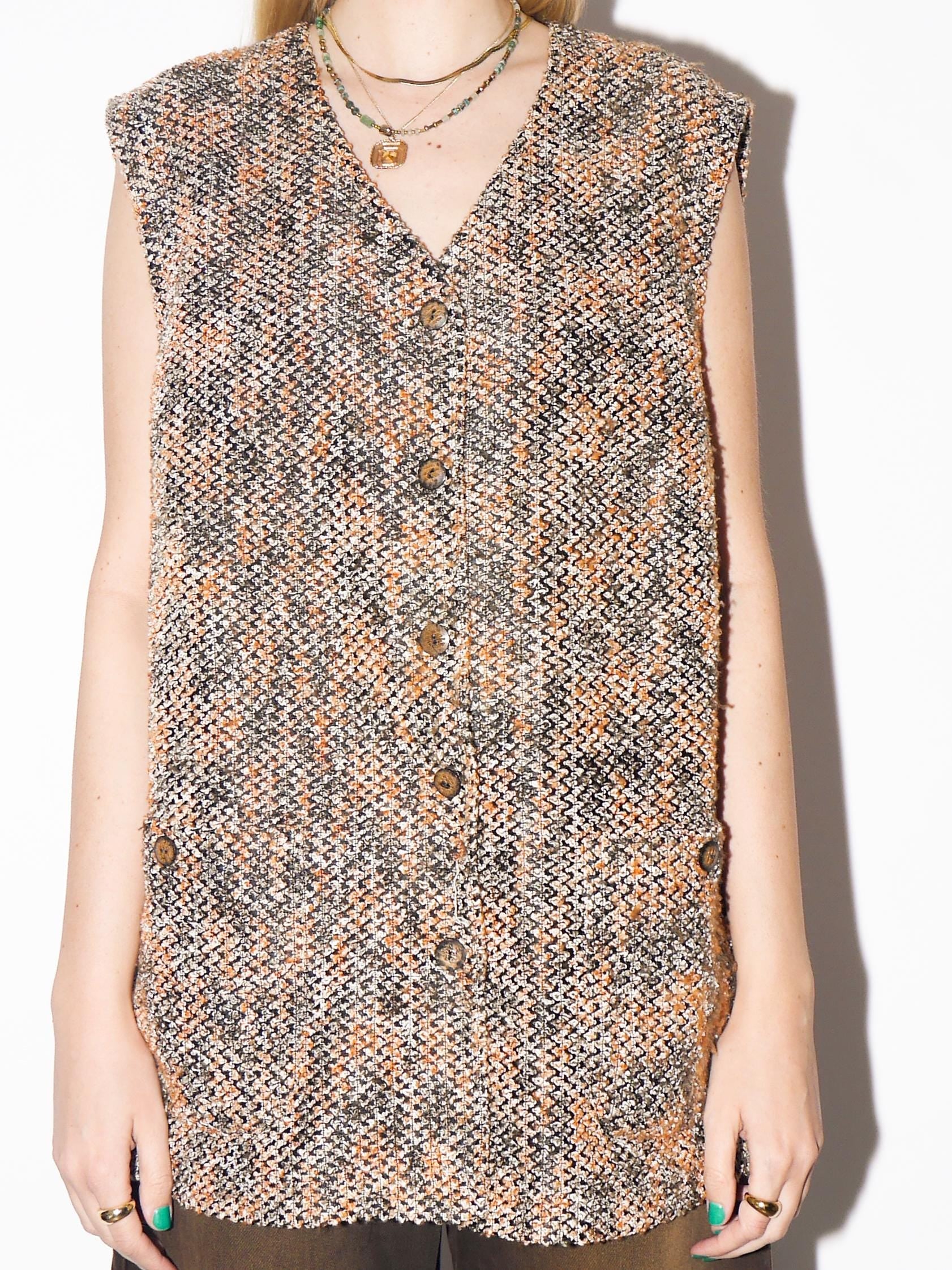VINTAGE Knitted Boucle Vest from 1980s in Orange and Black with Cotton