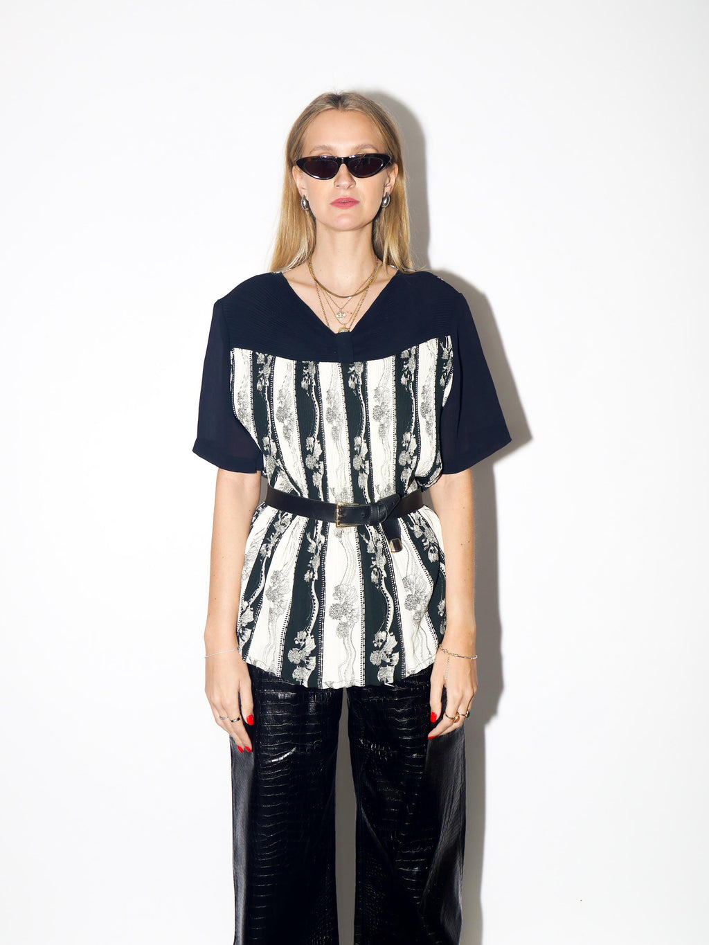 VINTAGE Black And White Pleated Floral Blouse From The 1980s By Options Fashion