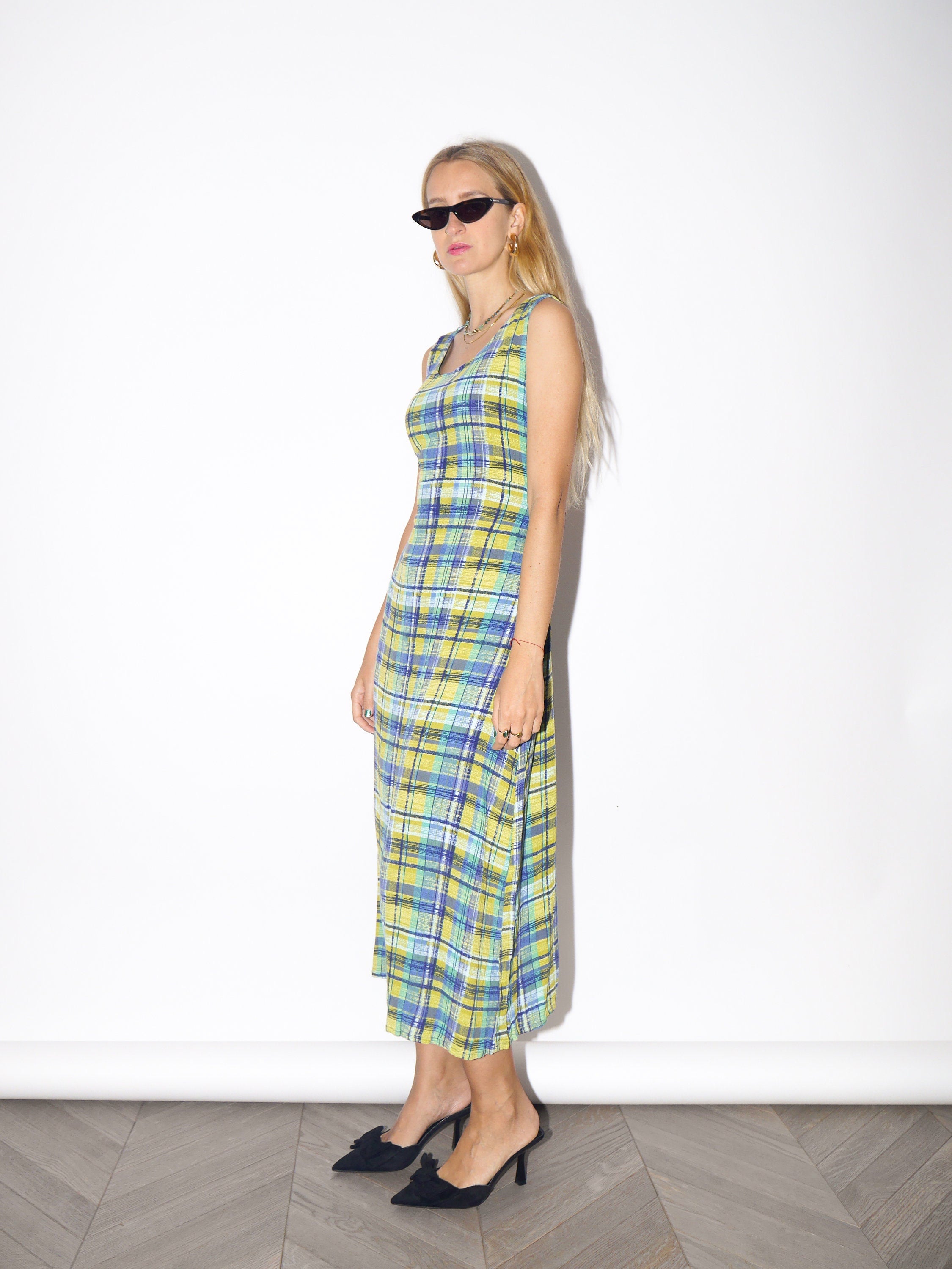 VINTAGE yellow/blue/green checkered dress made from structured elastic material by Blu the blu® from 1980s | retro long dress with back zip