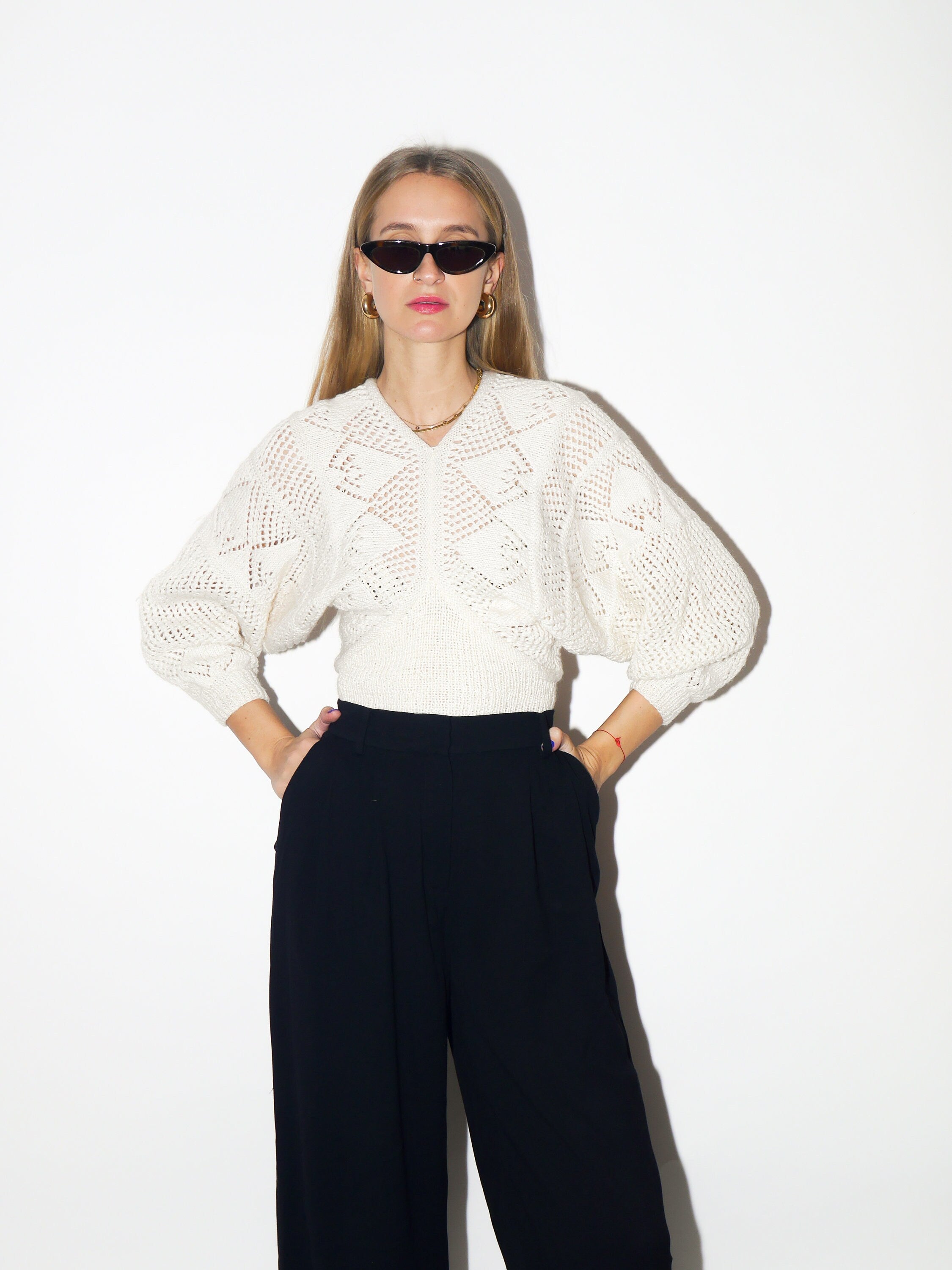VINTAGE Handmade Wool Sweater from 1980s | Eggshell Cream Batwing Fit Sweater