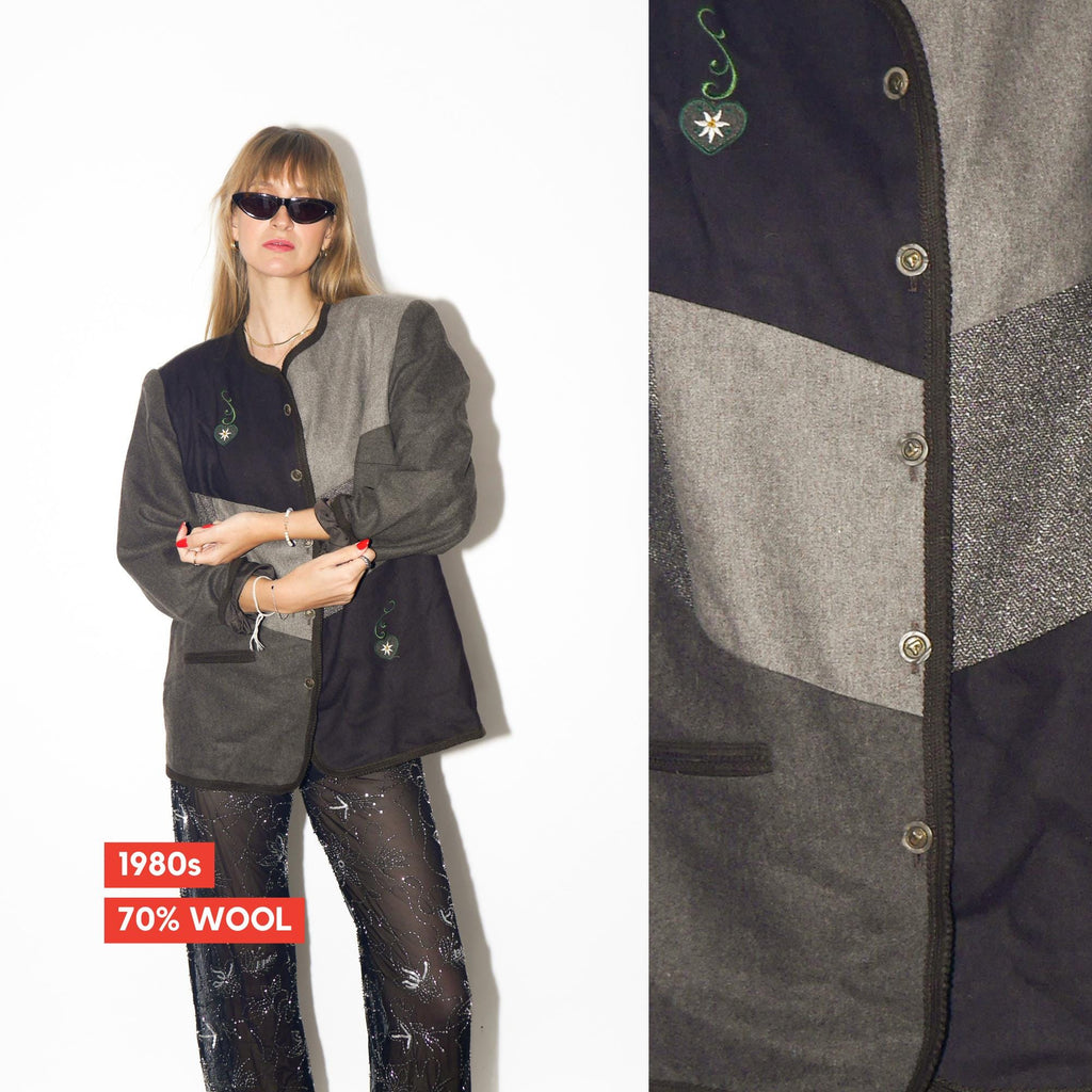 VINTAGE Brown And Grey Folk Wool Blend Blazer With Heart Embroidery From The 1980s