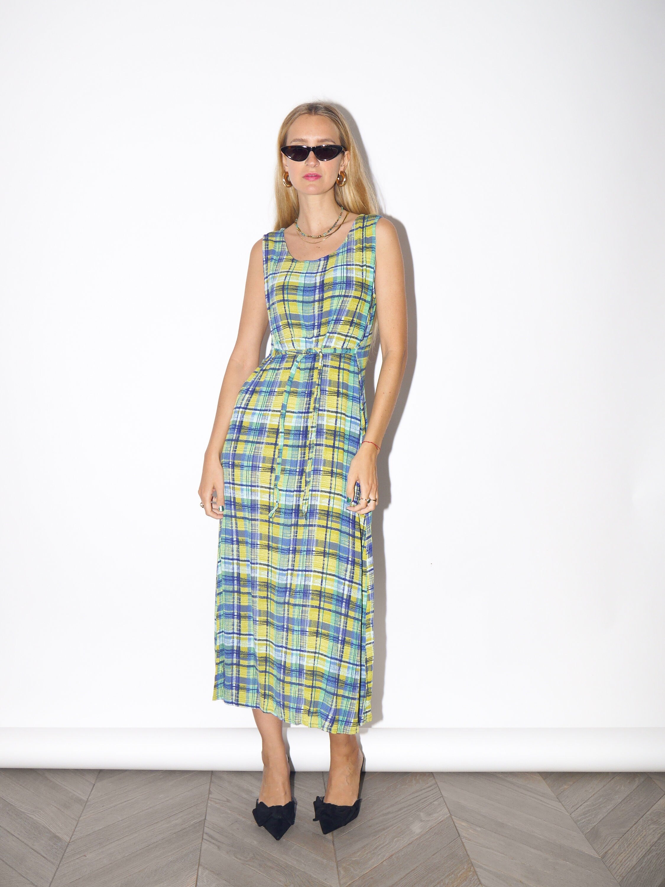 VINTAGE yellow/blue/green checkered dress made from structured elastic material by Blu the blu® from 1980s | retro long dress with back zip
