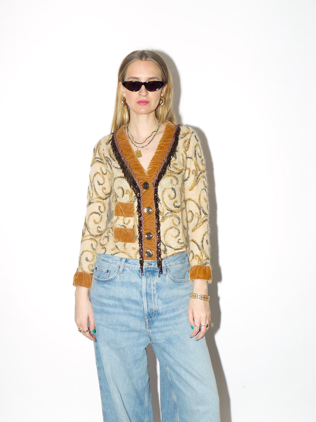 VINTAGE beige mohair cardigan from 1990s with bead embroidery, velvet elements