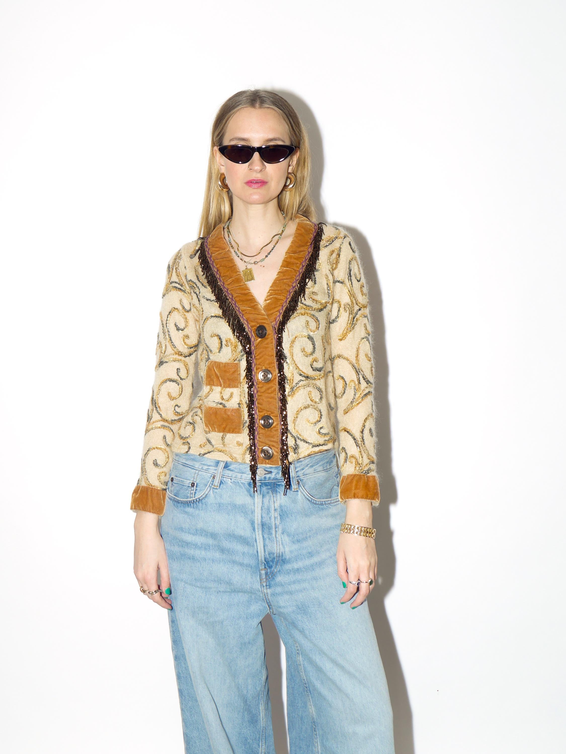VINTAGE beige mohair cardigan from 1990s with bead embroidery, velvet elements