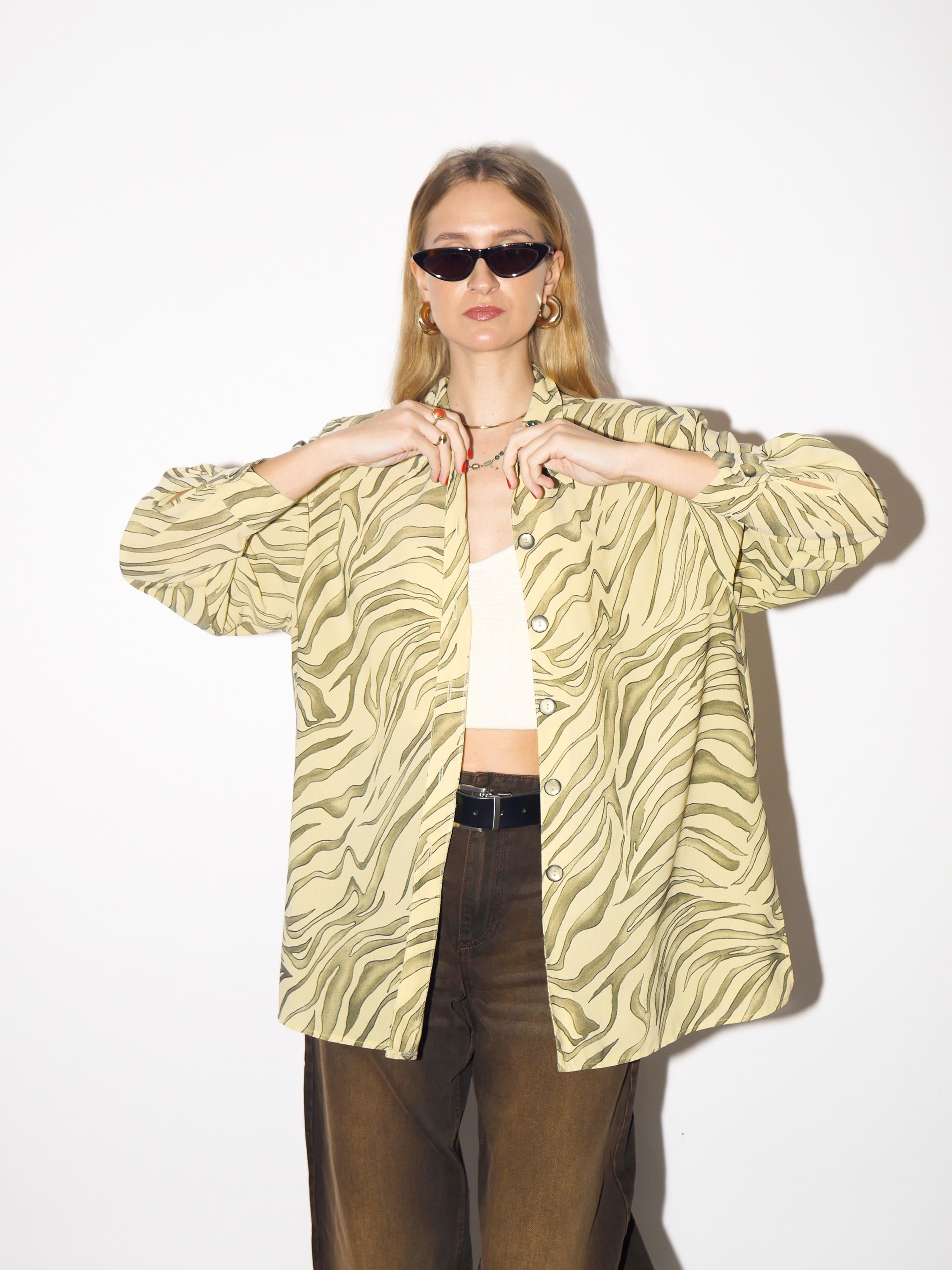 VINTAGE zebra shirt in yellow and green animal print from 1980s by Seidel Moden®