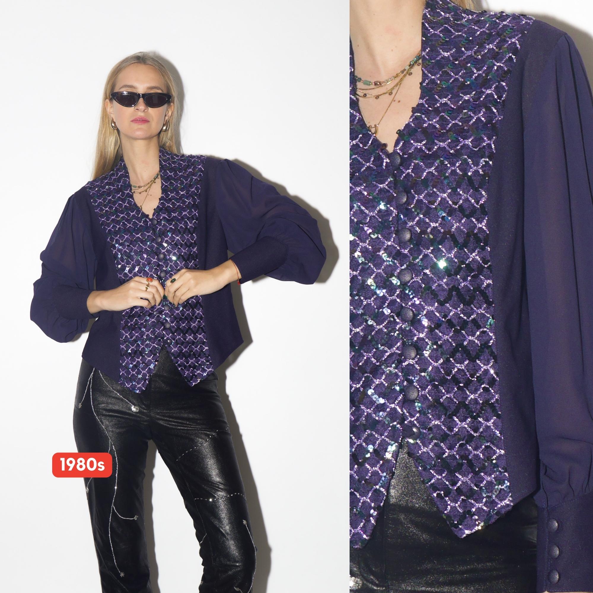 VINAGE purple blouse from 1980s with sequins and long sheer puffer sleeves