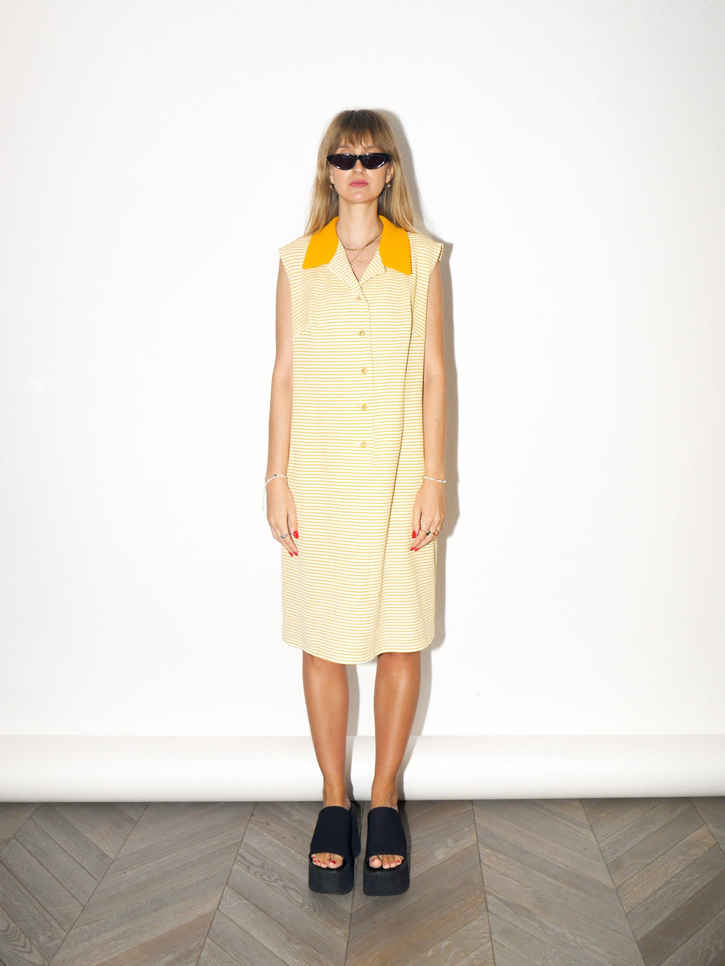VINTAGE Yellow And White Stripe Sleeveless Midi Dress With Stretch Fabric From The 1970s