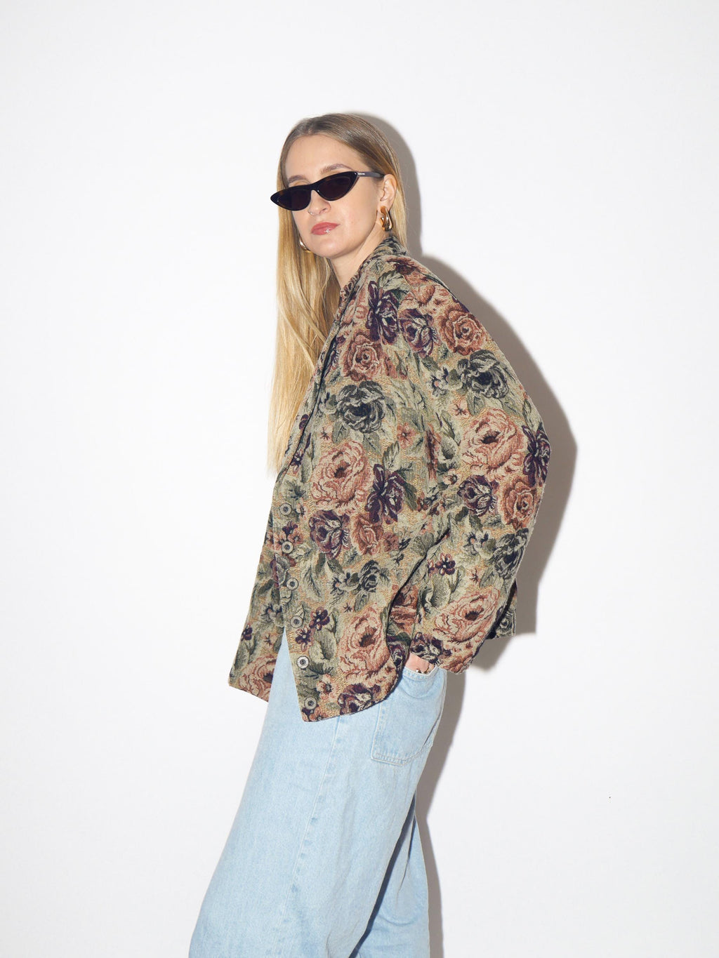 VINTAGE floral jacquard blazer from 1980s made of beige and pink cotton and wool