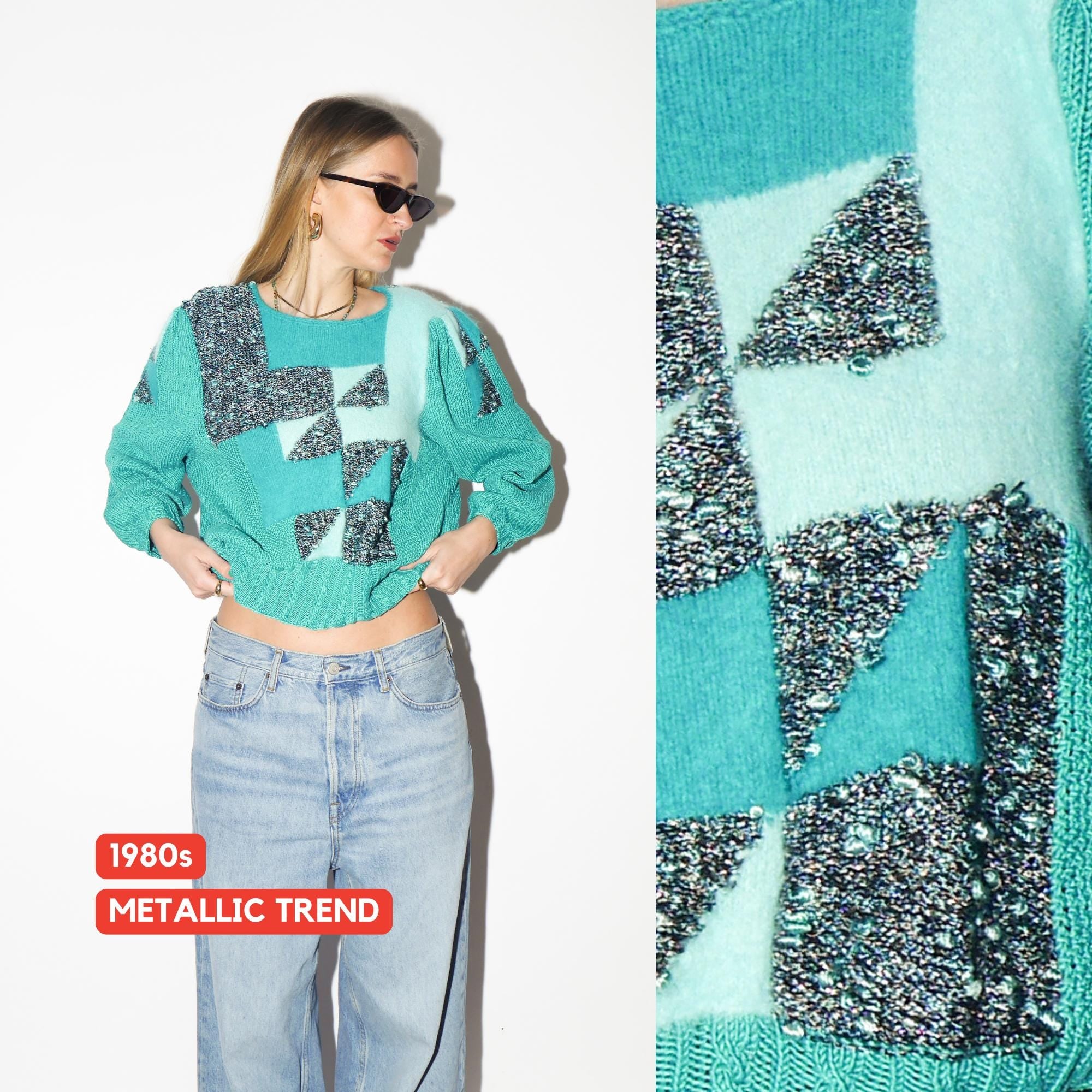 VINTAGE Blue Metallic Sweater from 1980s | Oversized Knit Fluffy Sweater
