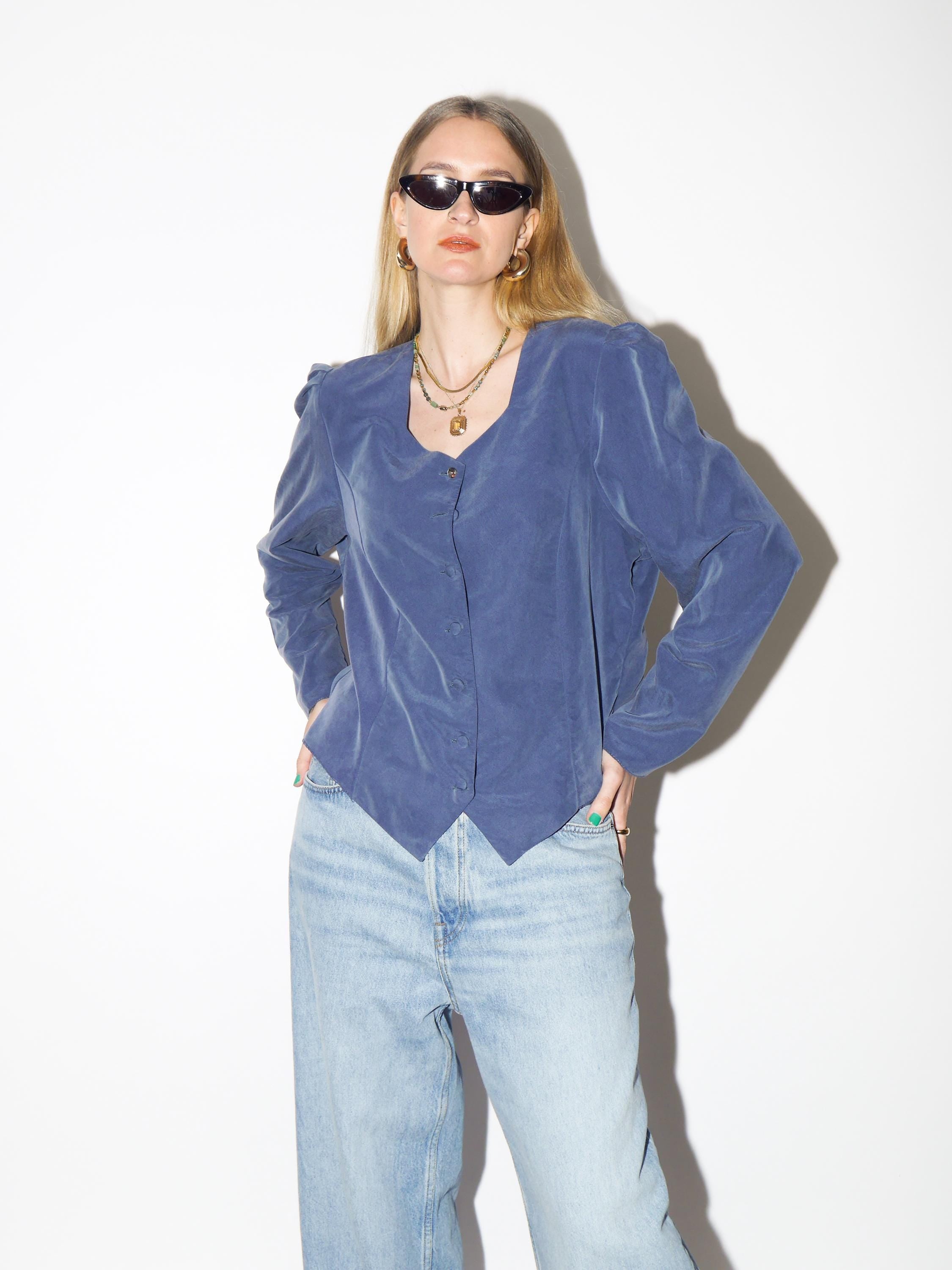 VINTAGE Blue Buttoned Blouse from 1980s with square neckline by Madame Rita®