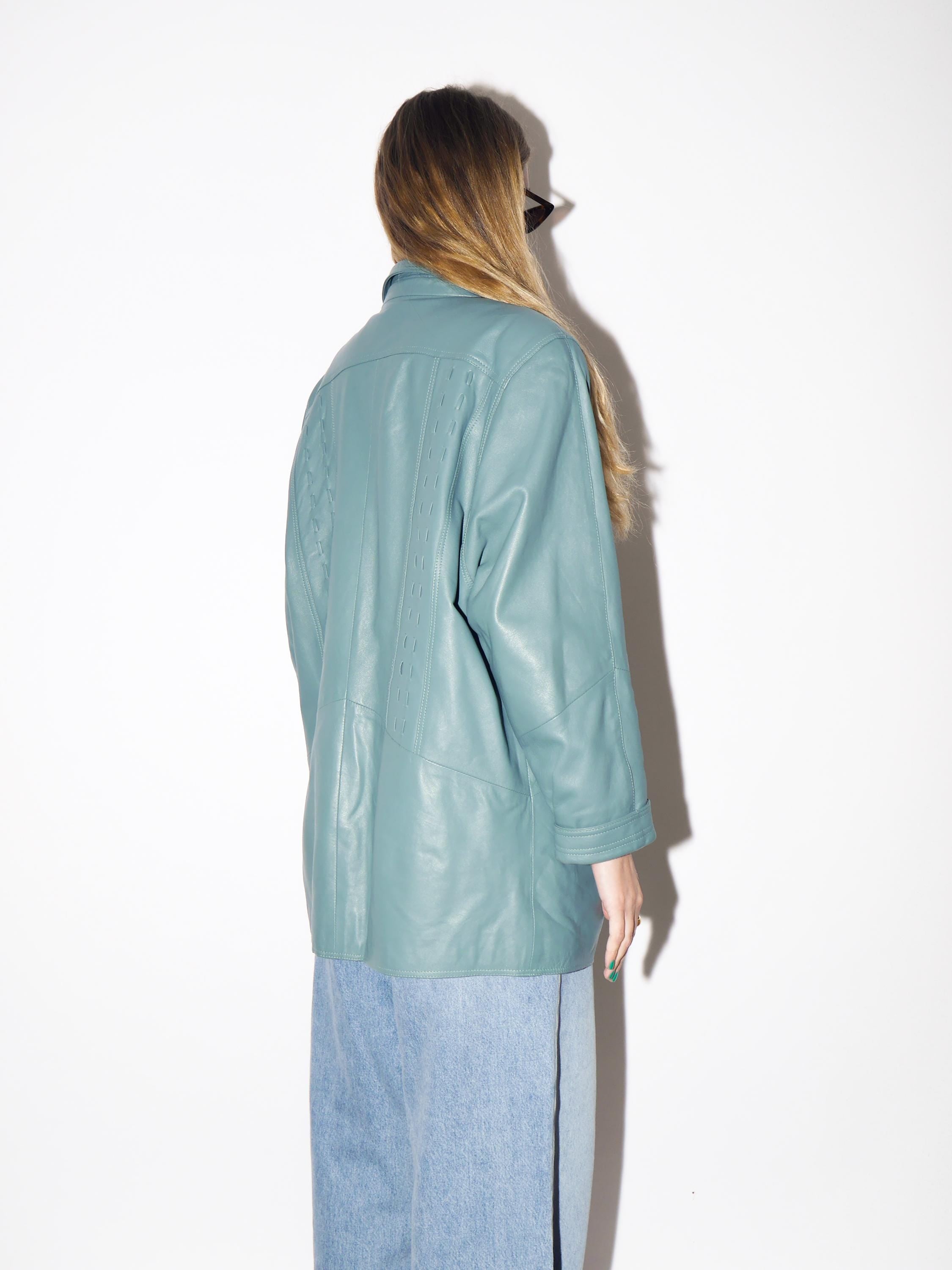 VINTAGE Blue Leather Jacket from 1990s | Oversize Blue Leather Jacket