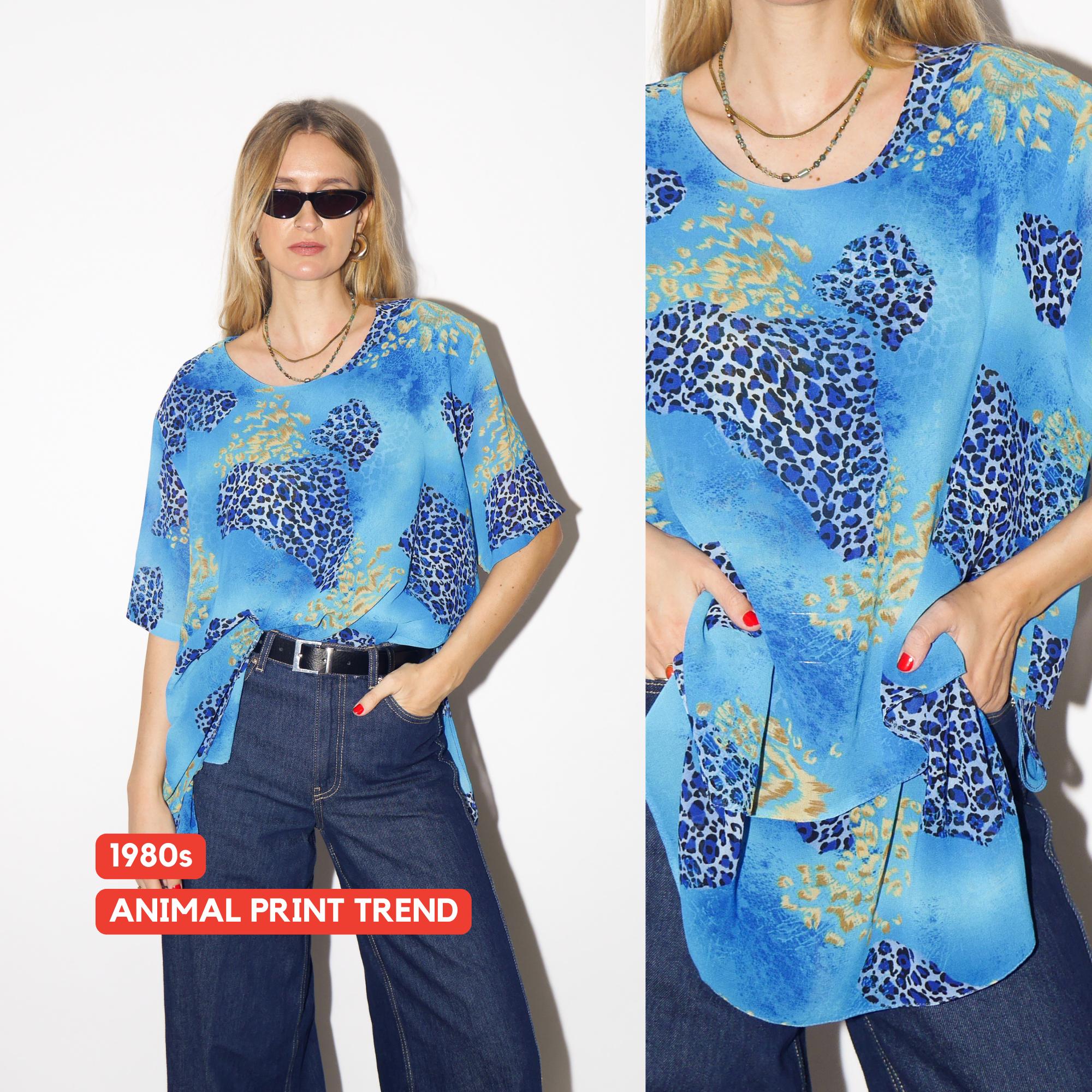 VINTAGE blue cheetah blouse, sheer oversized animal print blouse from 1980s