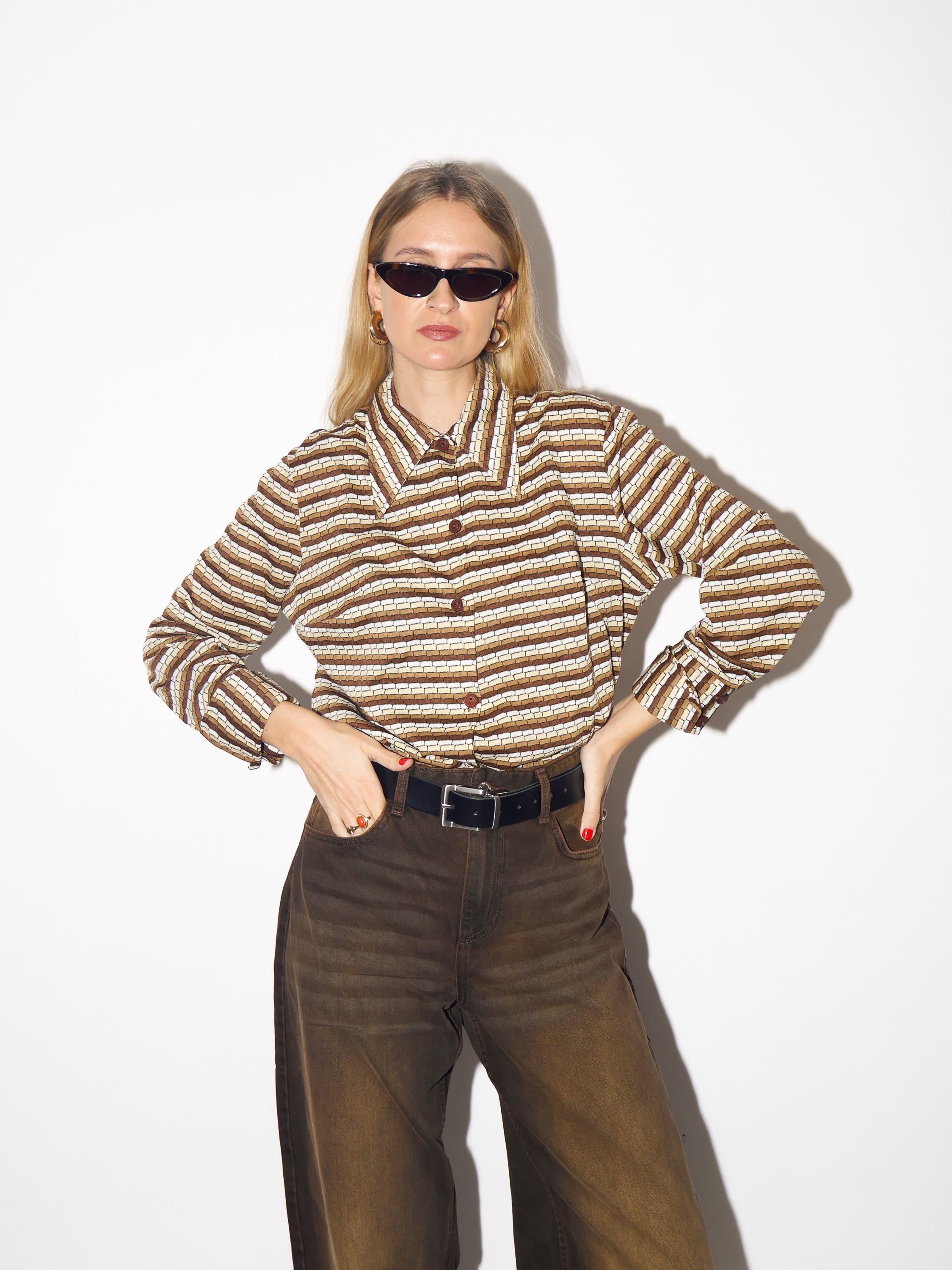 VINTAGE blouse from 1970s with statement collar in beige brown stripes by Apart®