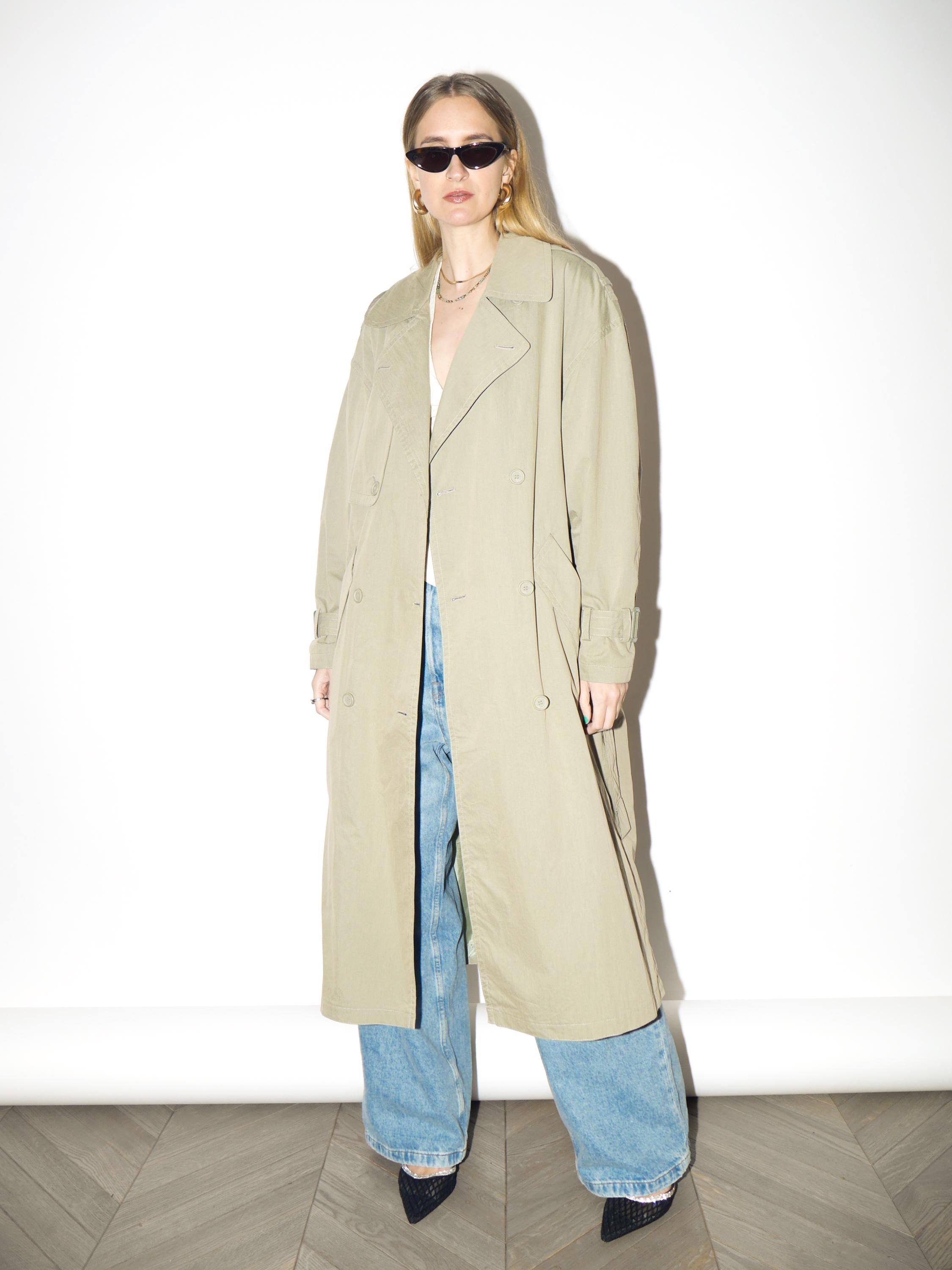 VINTAGE Khaki Maxi Trench Coat from 1980s | Oversized Cotton Trench